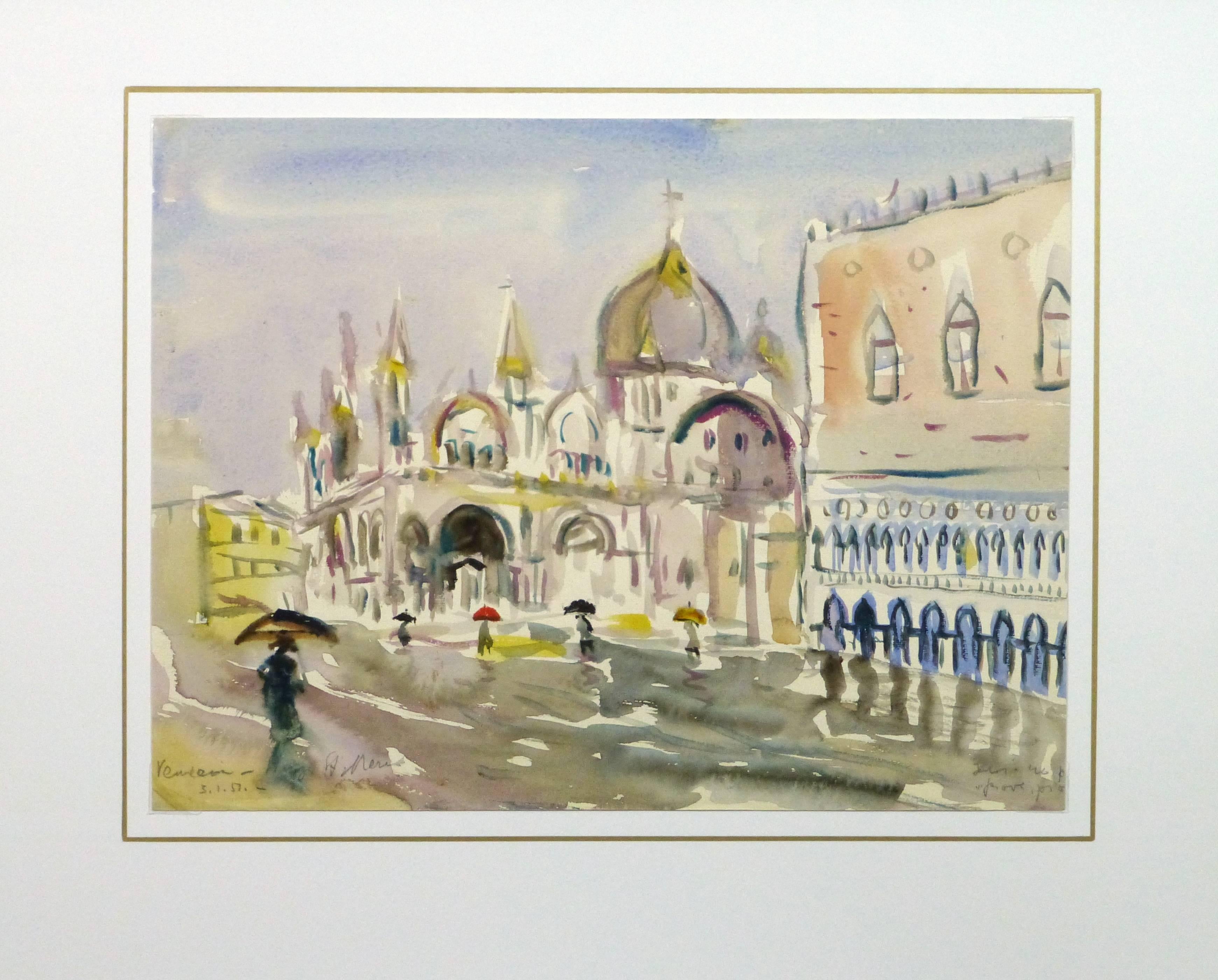 Delightful watercolor of a scene on the Piazza San Marco in Venice, Italy, 1951. Signed and dated lower left.

Original one-of-a-kind artwork on paper displayed on a white mat with a gold border. Mat fits a standard-size frame. Archival plastic