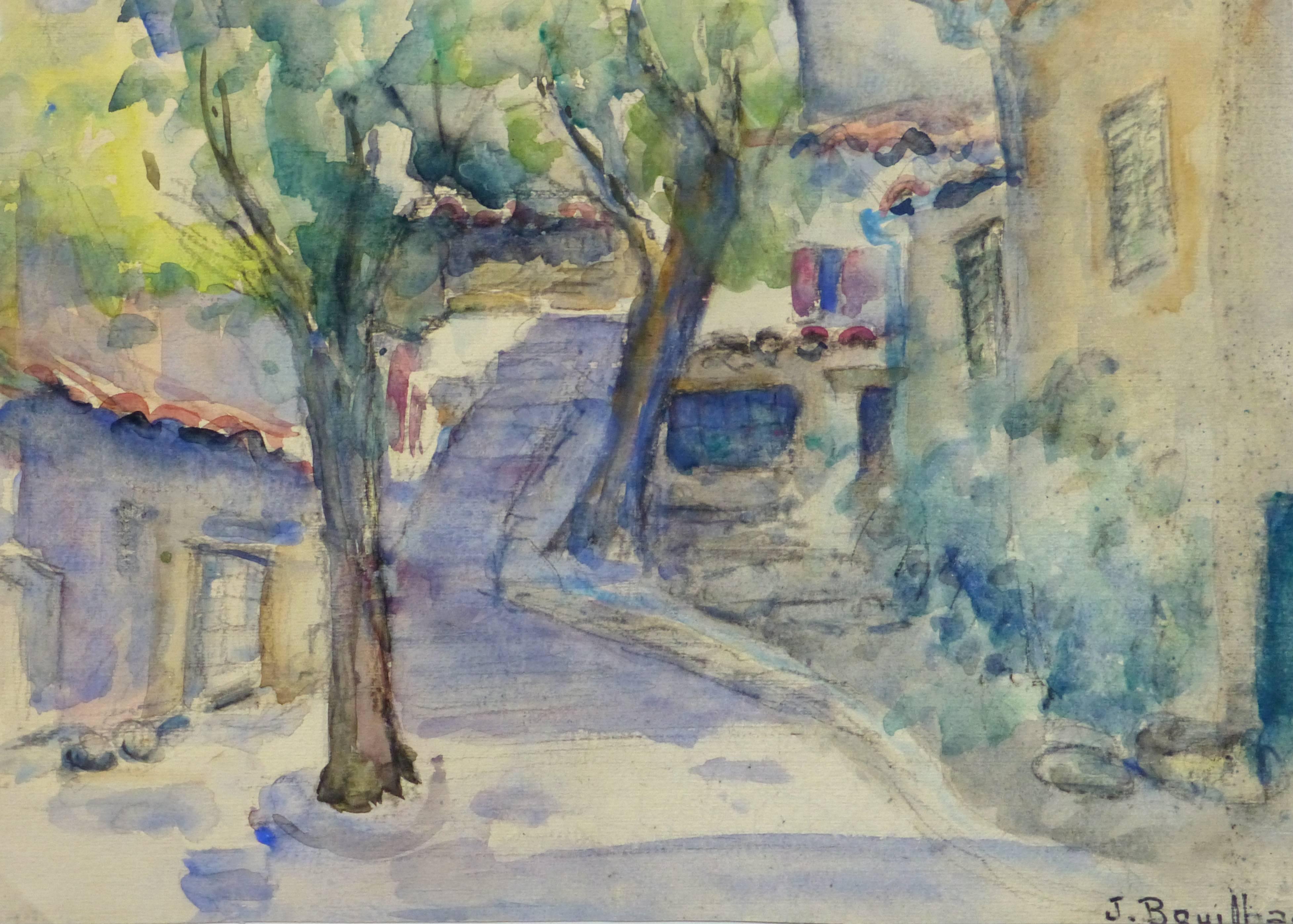 Jacques Bouillac Landscape Art - Vintage French Watercolor Landscape - Village Path