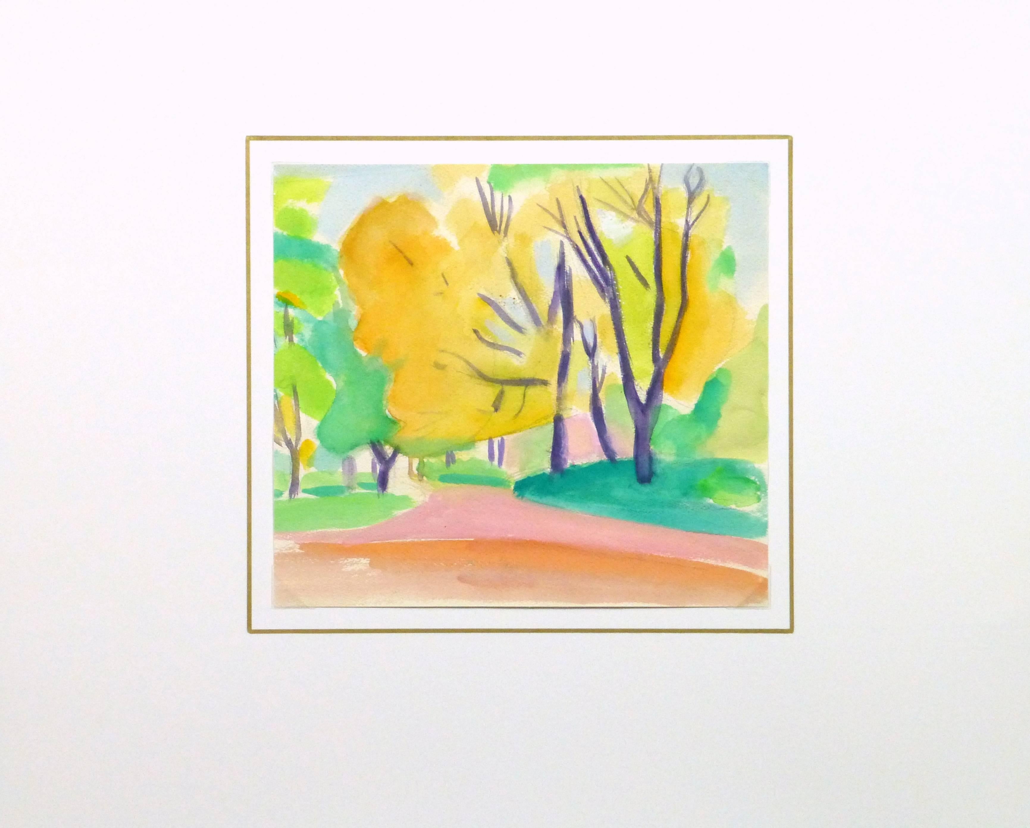 Soft and soothing watercolor of autumn colored trees lining a path in the Luxembourg Gardens of Paris by French artist Madeleine Scali, circa 1960.

Original one-of-a-kind artwork on paper displayed on a white mat with a gold border. Mat fits a