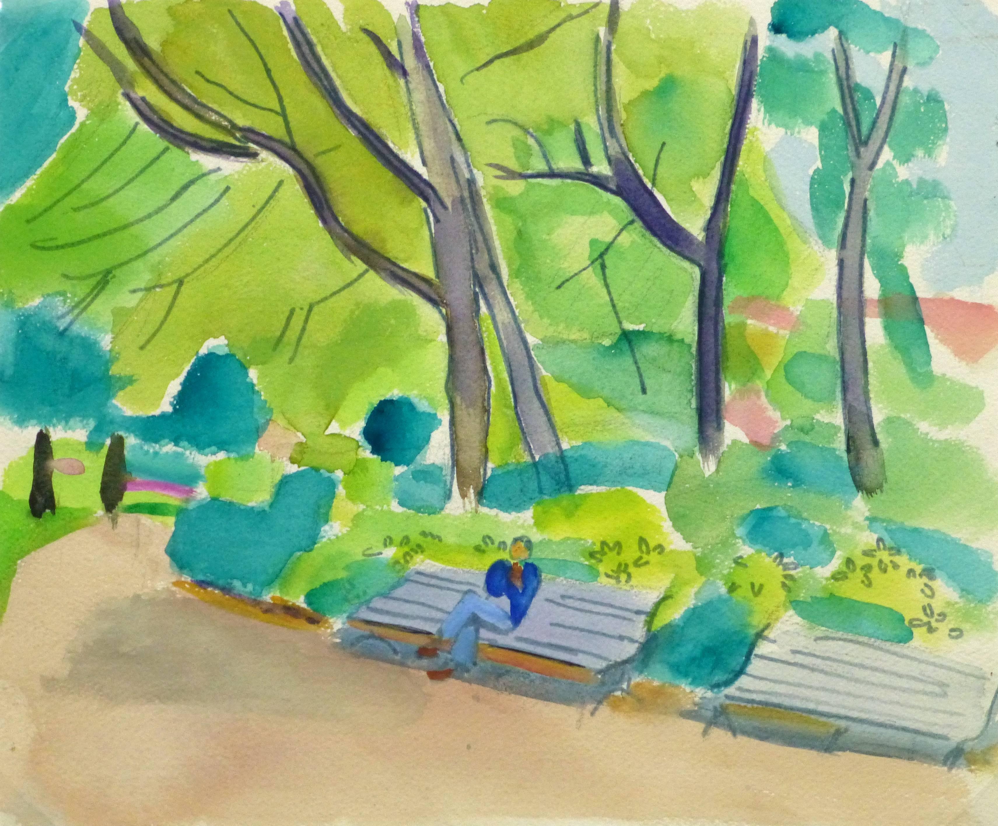 Madeleine Scali Landscape Art - Vintage French Watercolor - Paris Park