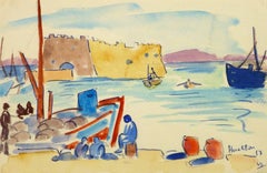 Vintage French Watercolor Seascape - Crete, Greece