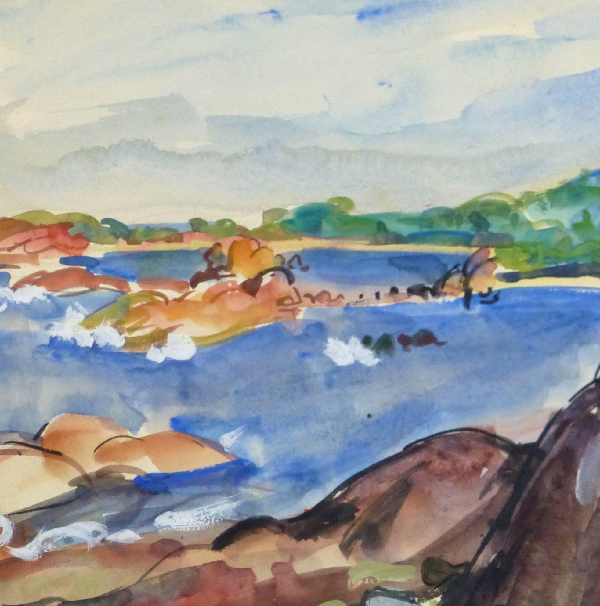 Vintage French Watercolor Seascape - Rocky Coastline - Gray Landscape Art by Stephane Magnard