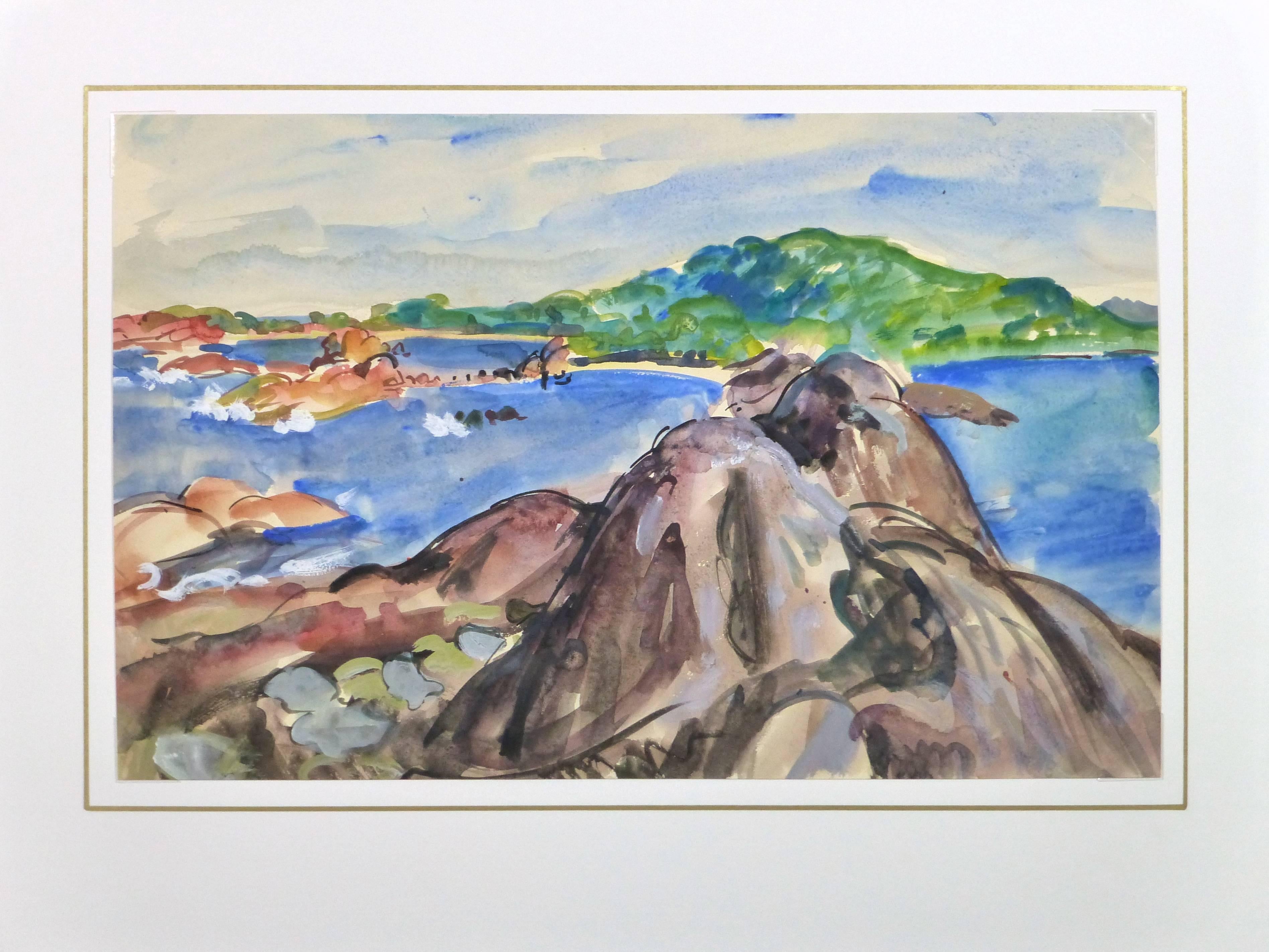 Paesaggio marino ad acquerello di un'insenatura rocciosa che circonda un'isola ricca di fogliame dell'artista francese Stephane Magnard, 1950 circa. 

Opera d'arte originale e unica su carta, esposta su un tappetino bianco con bordo dorato. Il
