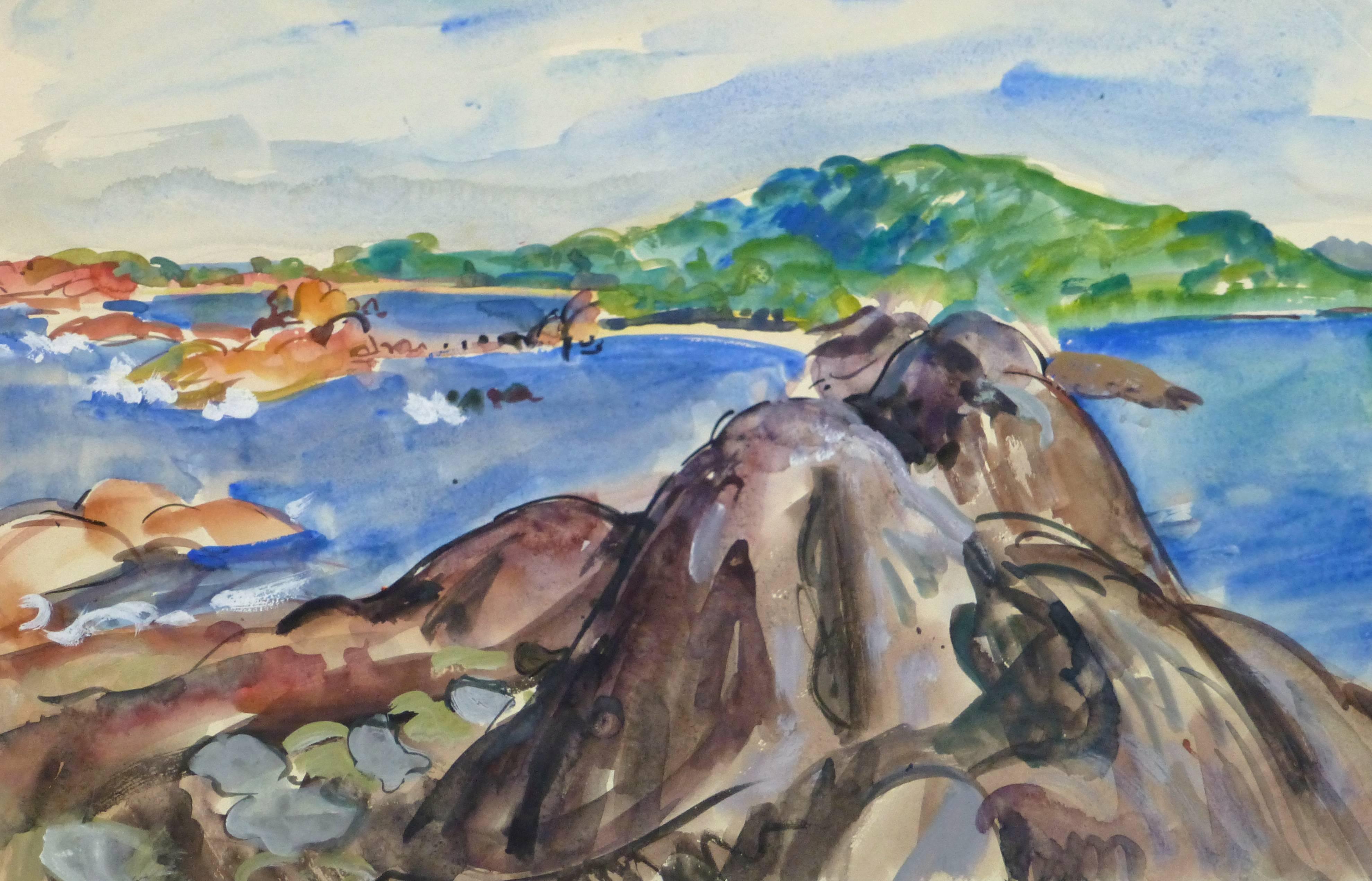 Stephane Magnard Landscape Art - Vintage French Watercolor Seascape - Rocky Coastline