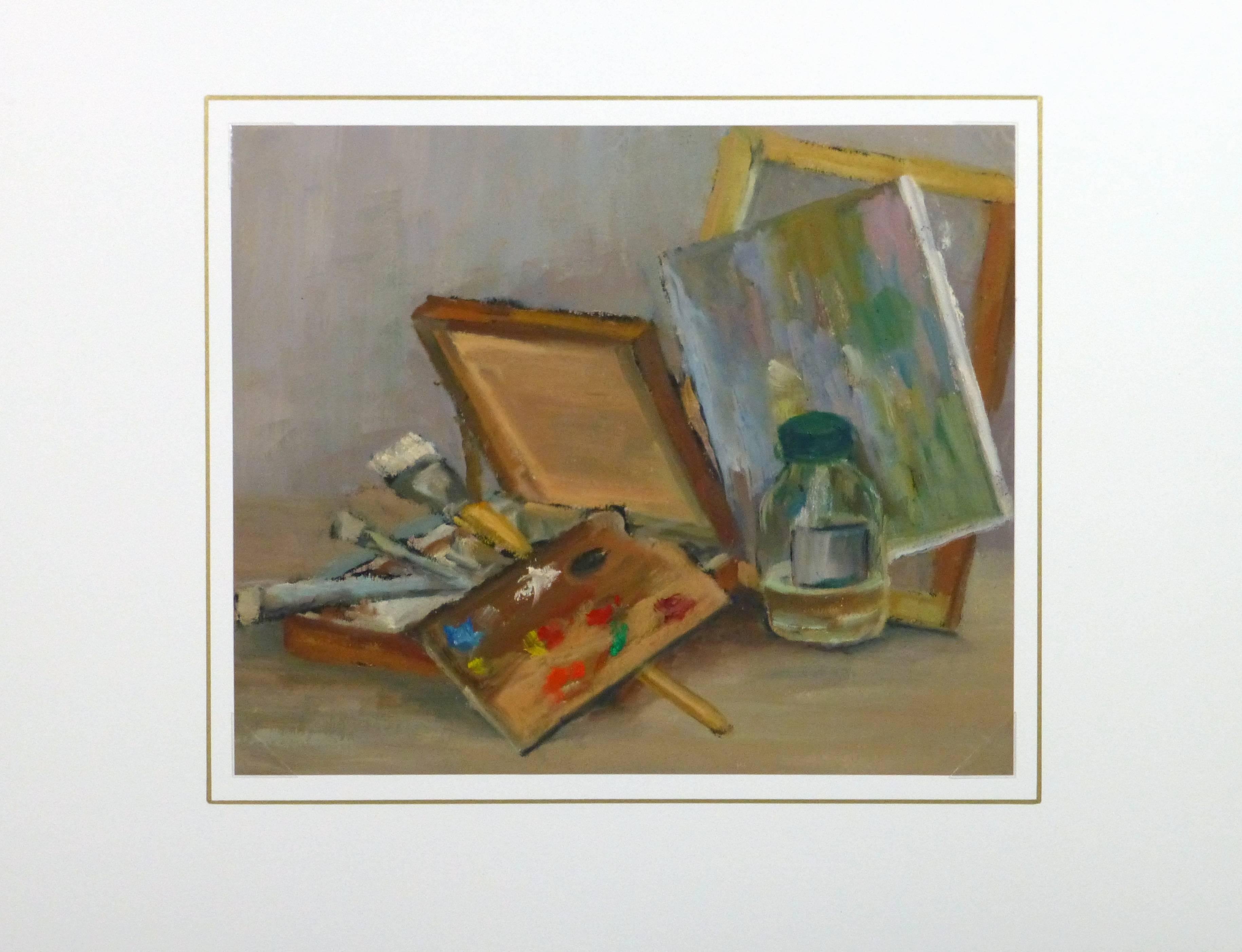 Außergewöhnliches Stillleben in Öl auf Papier mit einer Malerpalette und Zubehör des französischen Künstlers Raymond Bailly, 1967.

Einzigartiges Originalkunstwerk auf Papier, das auf einer weißen Matte mit Goldrand präsentiert wird. Die Matte