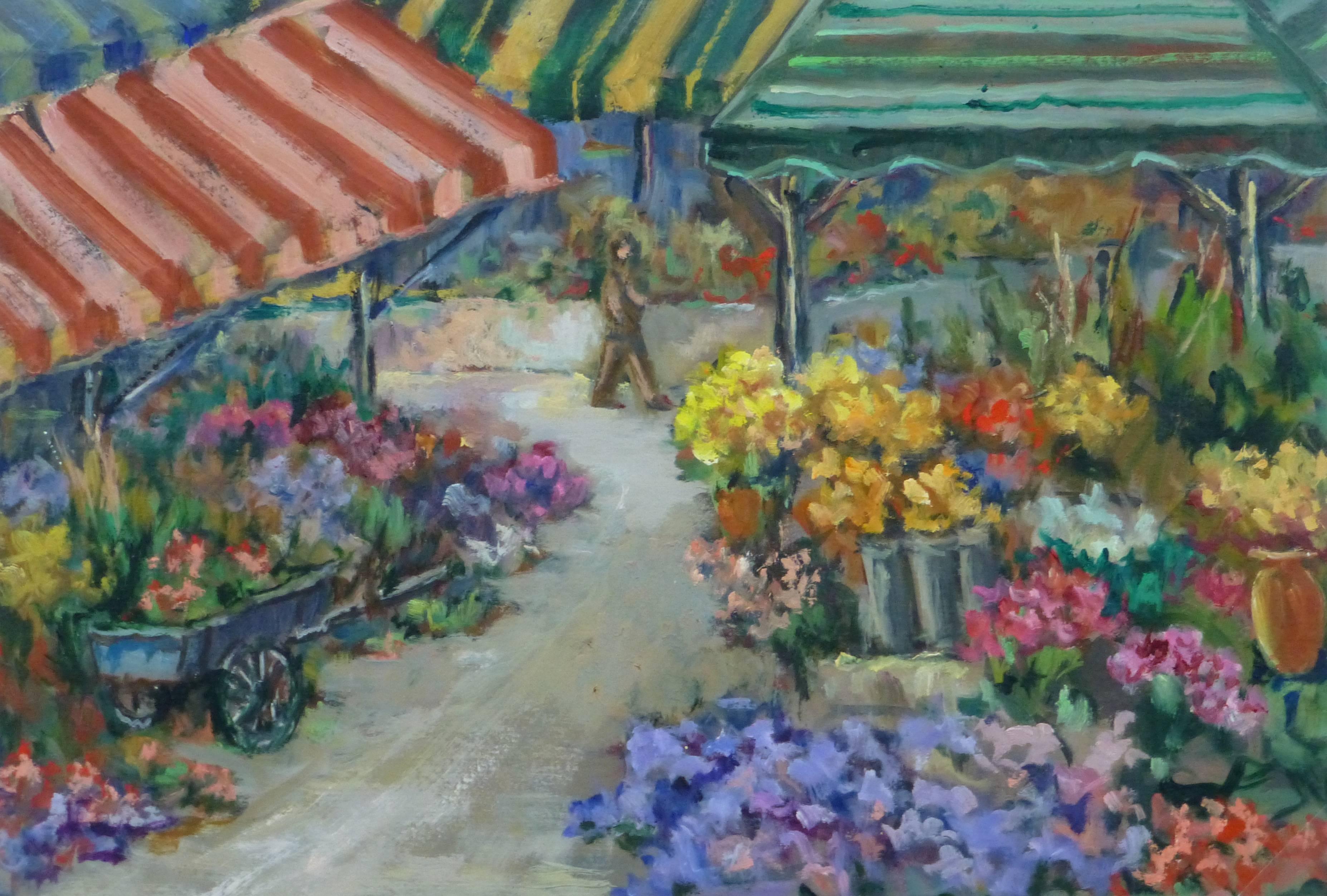 Landscape Painting de Raymond Bailly - Pintura al óleo vintage - Mercado de flores