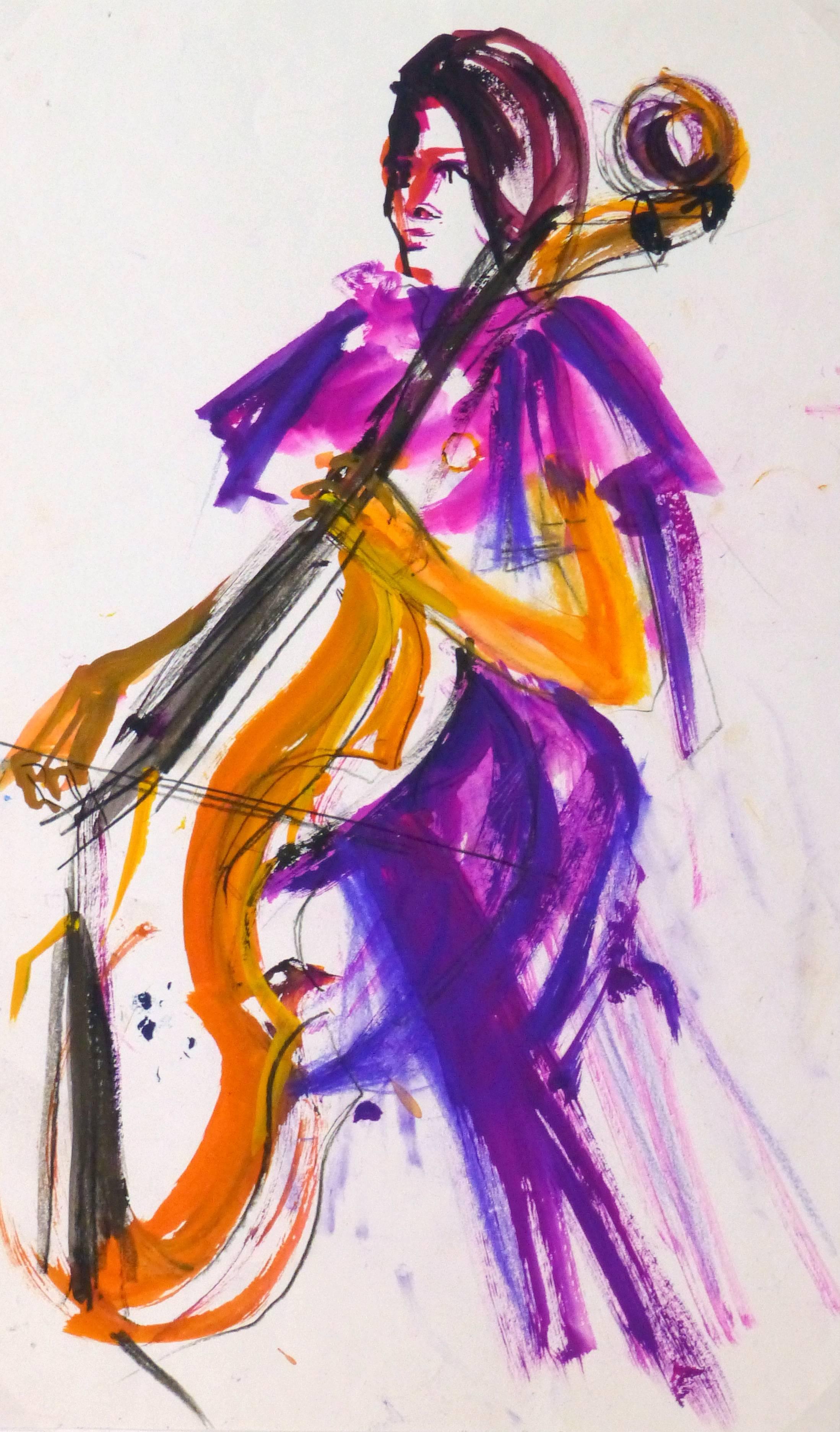 Pittura vintage a guazzo - Il violoncellista