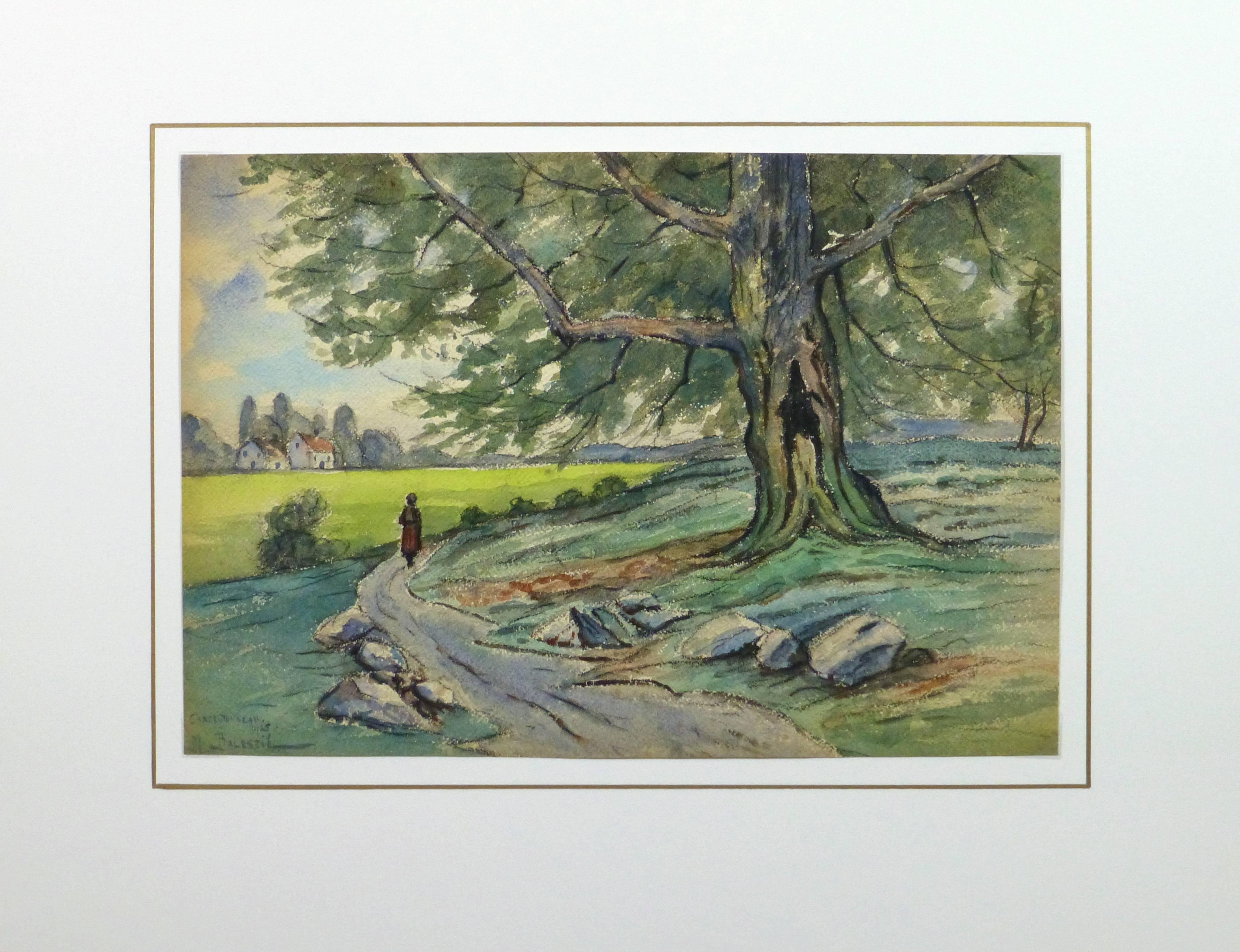 Serene watercolor of a figure headed down a winding path leading to a small farmstead in the distance by M. Balastié, 1925. Titled, "Charentonneau", dated and signed lower left. 

Original one-of-a-kind artwork on paper displayed on a