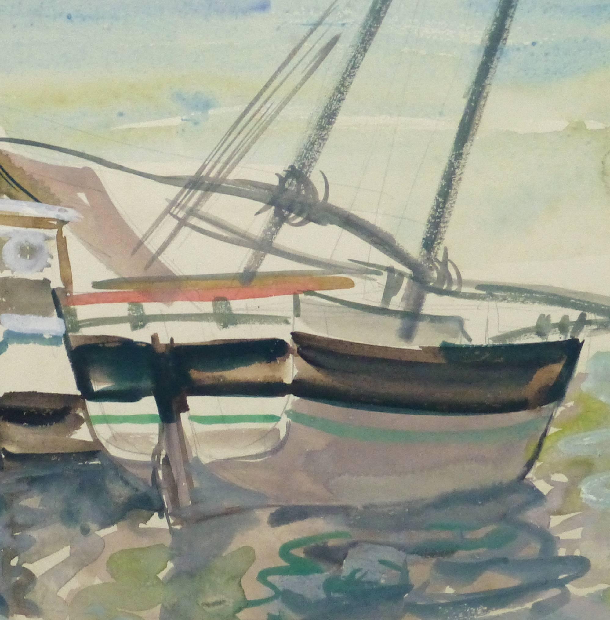 Vintage Watercolor Seascape - Boats - Gray Landscape Art by Stephane Magnard