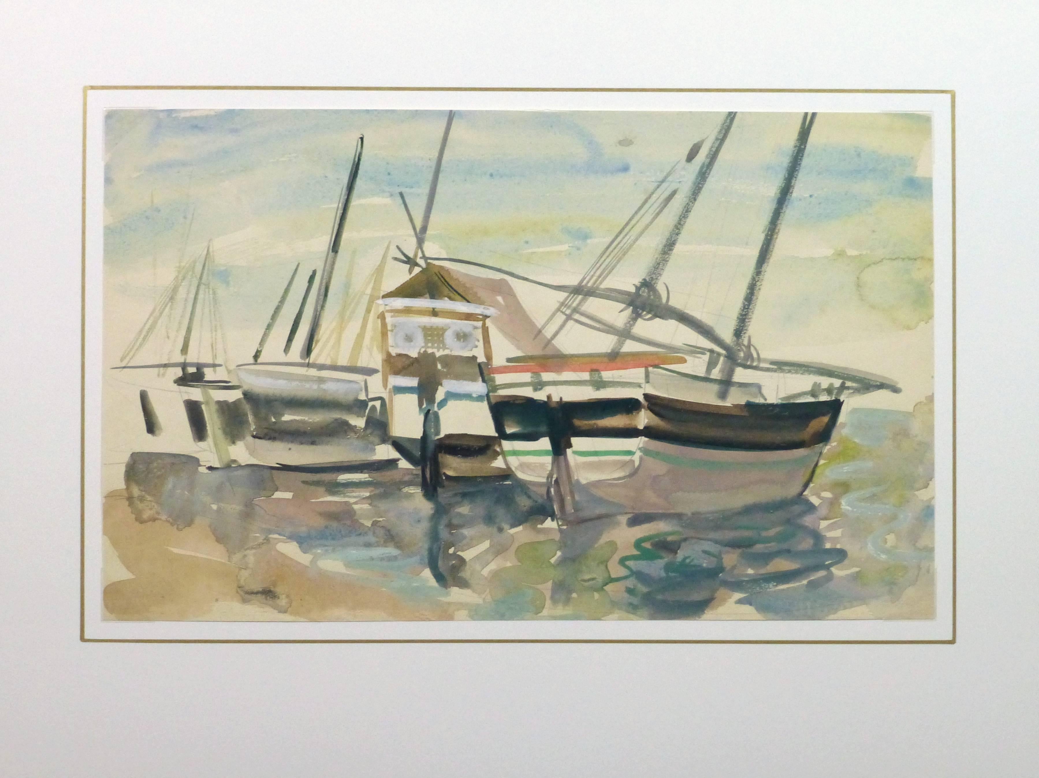 Cheerful watercolor of several sun dappled boats near the shore by French artist Stéphane Magnard, circa 1950.

Original one-of-a-kind artwork on paper displayed on a white mat with a gold border. Mat fits a standard-size frame. Archival plastic