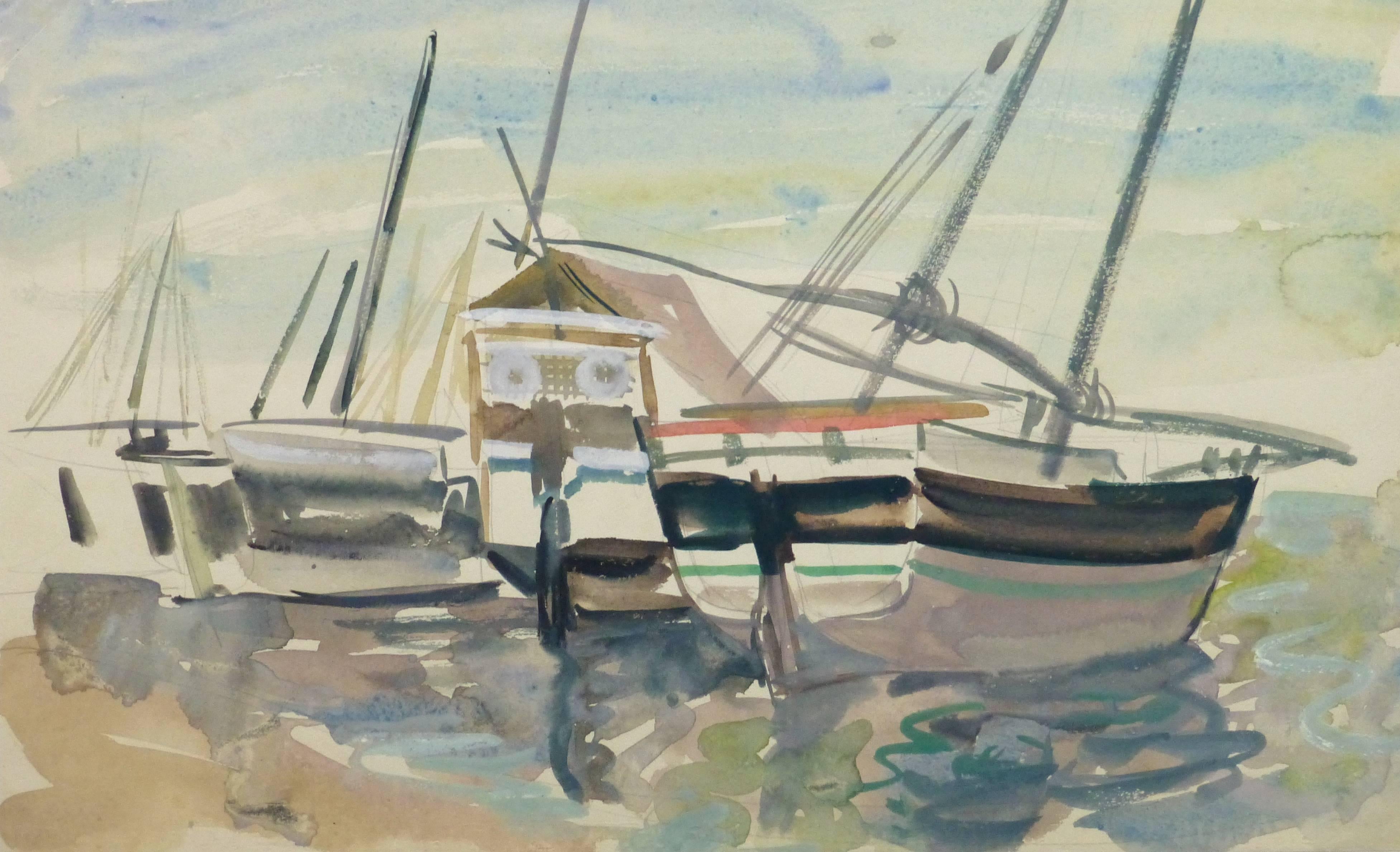 Stephane Magnard Landscape Art - Vintage Watercolor Seascape - Boats