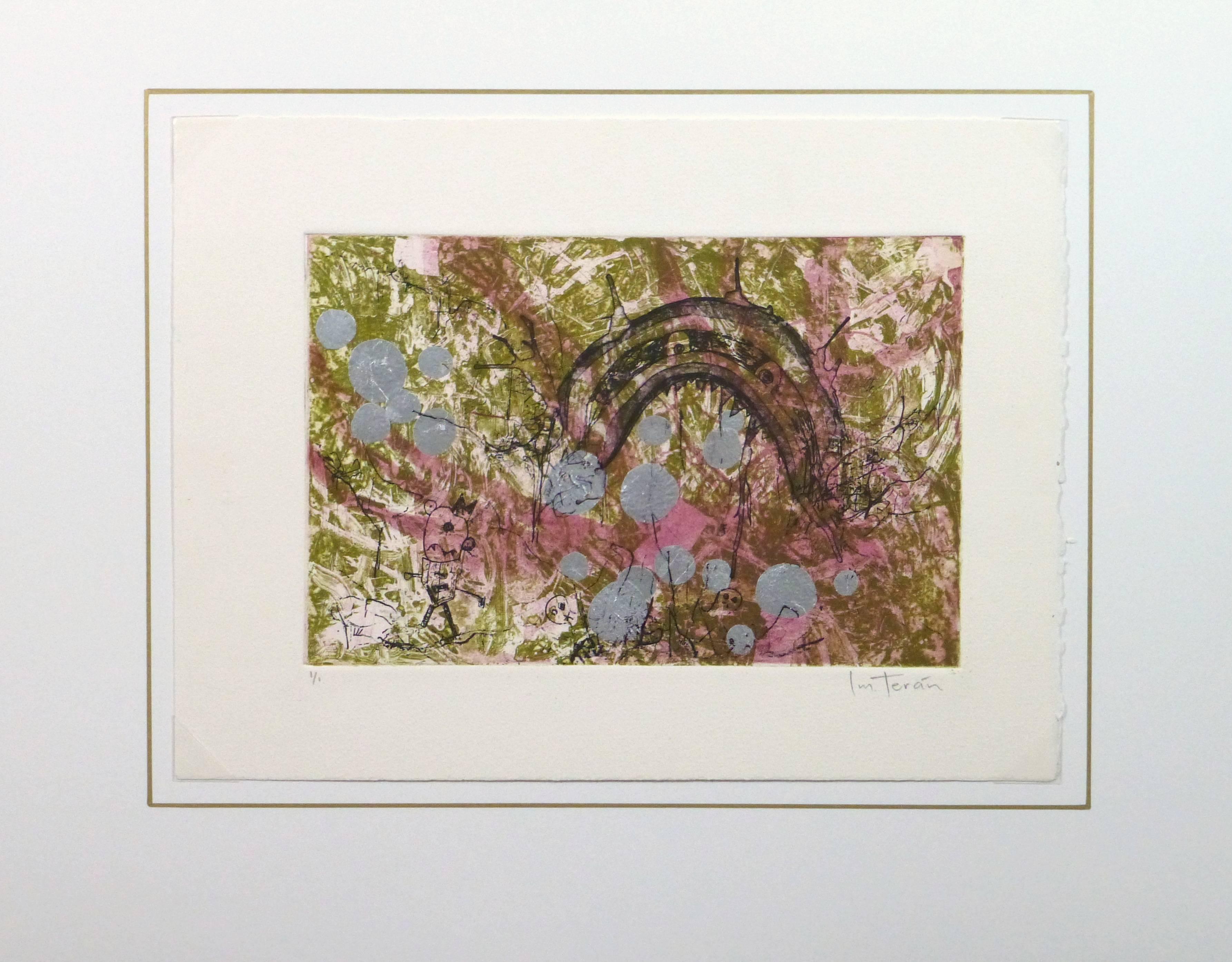 Fanciful aquatint etching with aluminum transfer, features abstract figures and aluminum bubbles mixed with green and magenta tones by Imelda Teran, circa 1995. Signed lower right and numbered 1 of 1 lower left.

Original one-of-a-kind artwork on