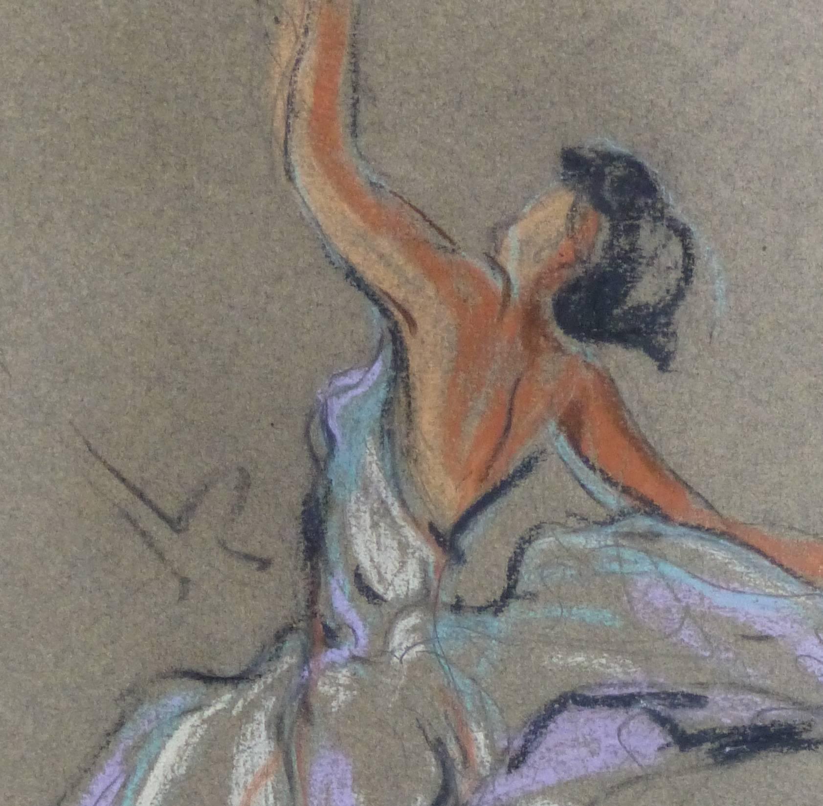 Drawing vintage antique fusain et pastel - Danseuse de ballet - Art de Guy Chabrol