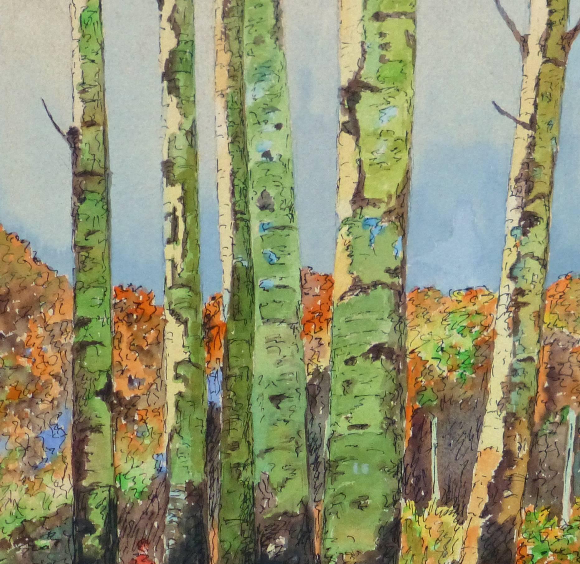 Aquarell-Landschaft - Birkenholzgärten (Braun), Landscape Art, von Unknown