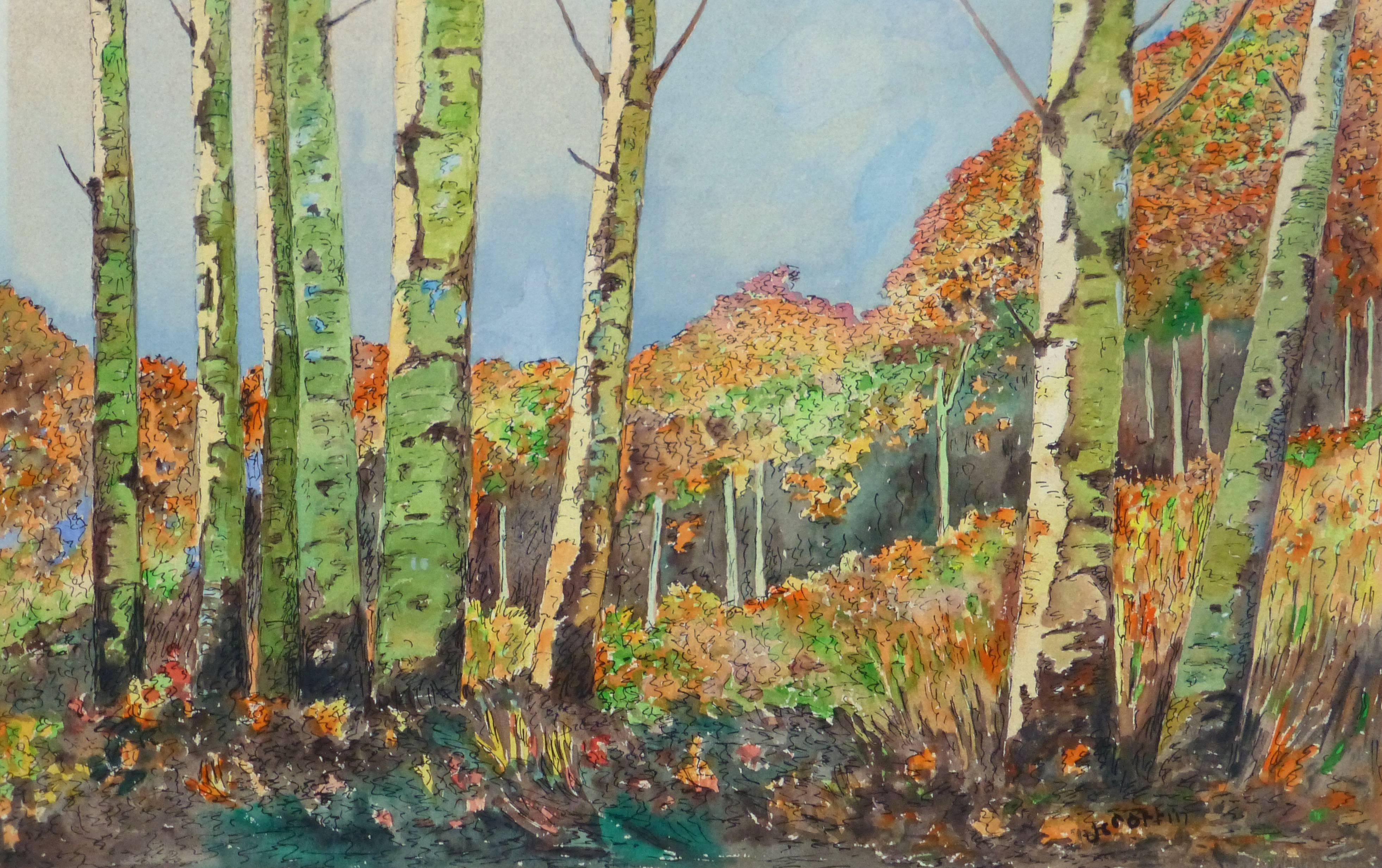 Vintage Watercolor Landscape - Birch Grove