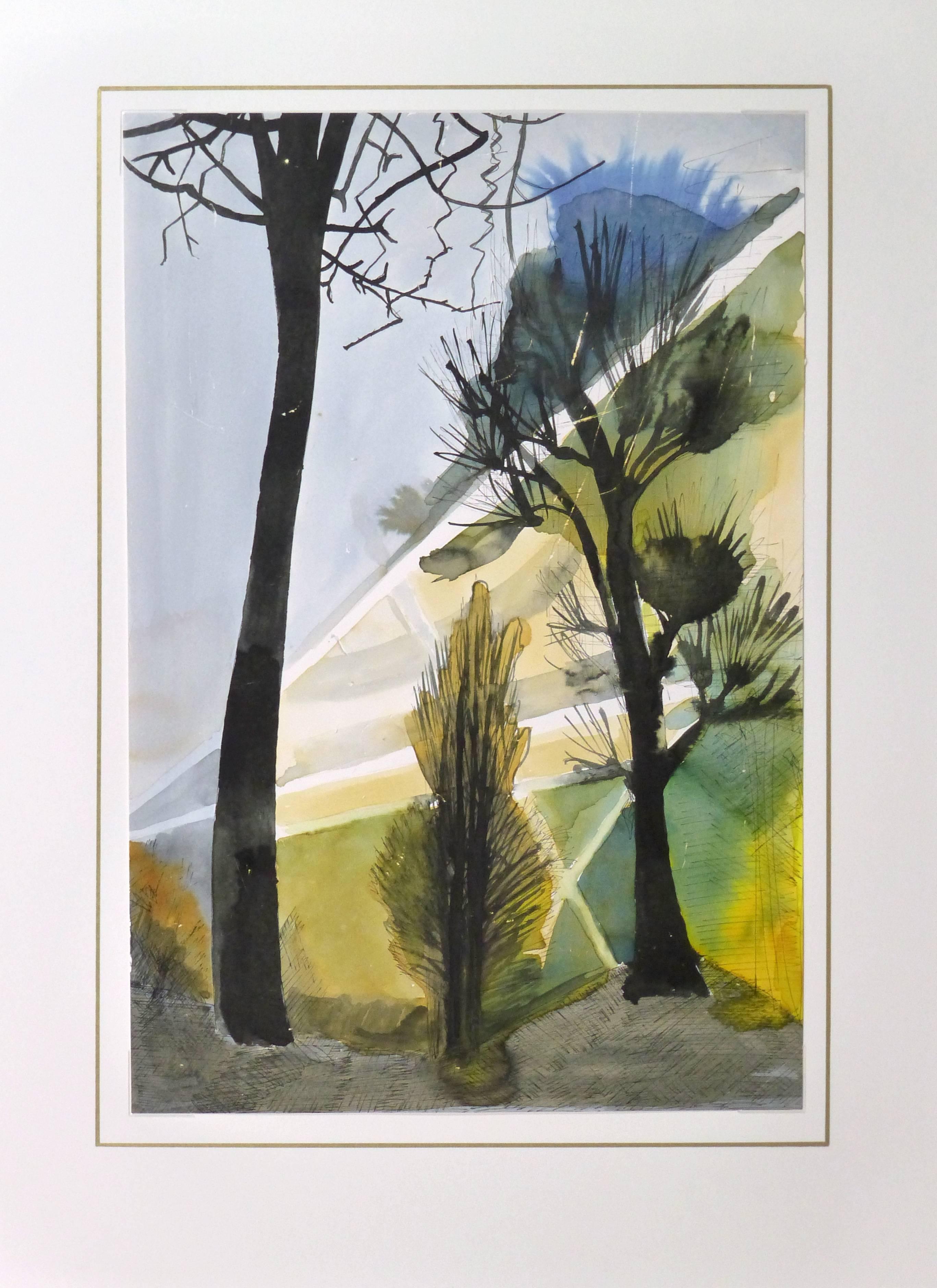 Unique pen and ink landscape of three silhouetted trees against a colorful geometric backdrop by Remy, circa 1990. 

Original one-of-a-kind artwork on paper displayed on a white mat with a gold border. Mat fits a standard-size frame. Archival