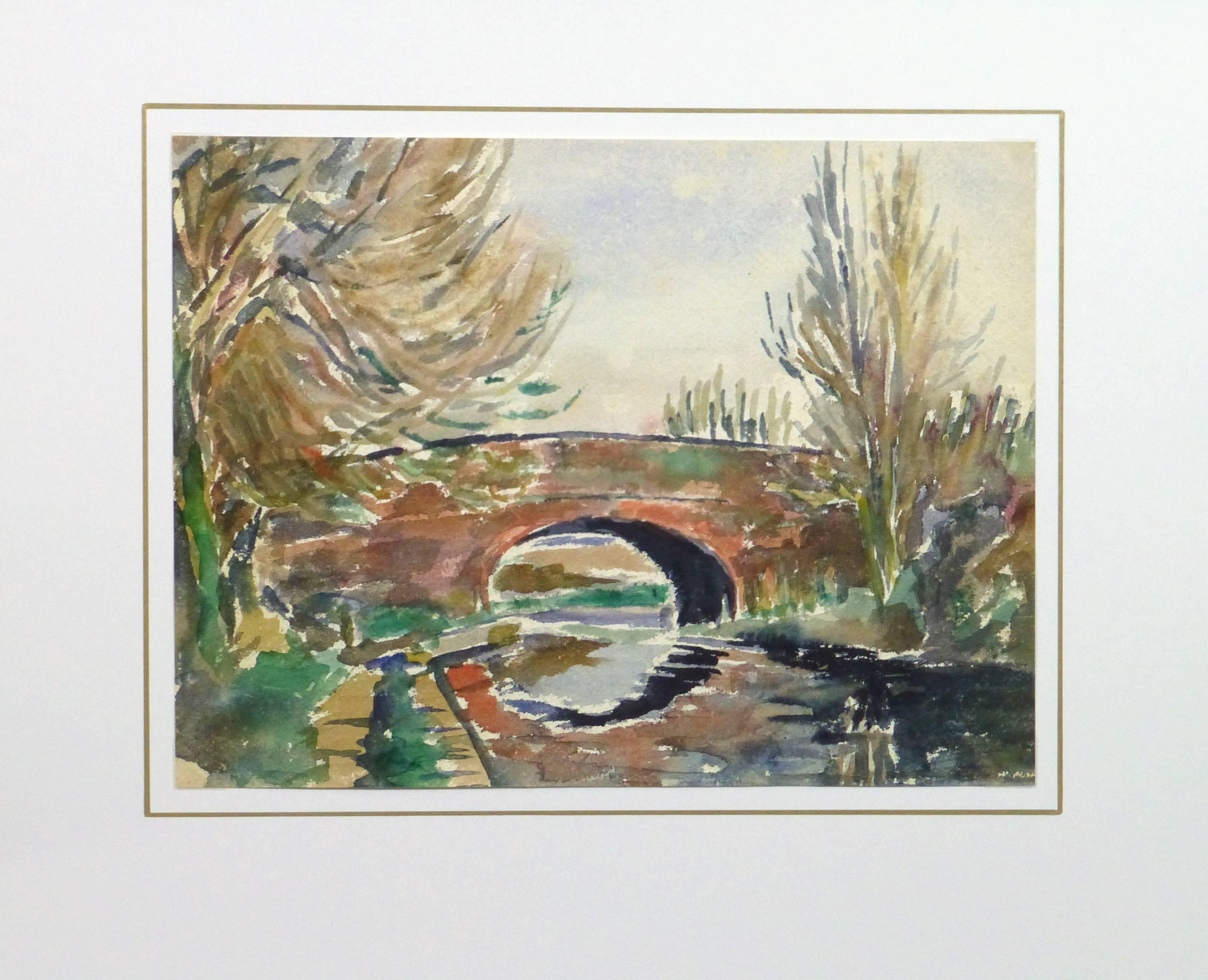 Vintage Watercolor Landscape - Stone Bridge - Gray Landscape Art by Unknown