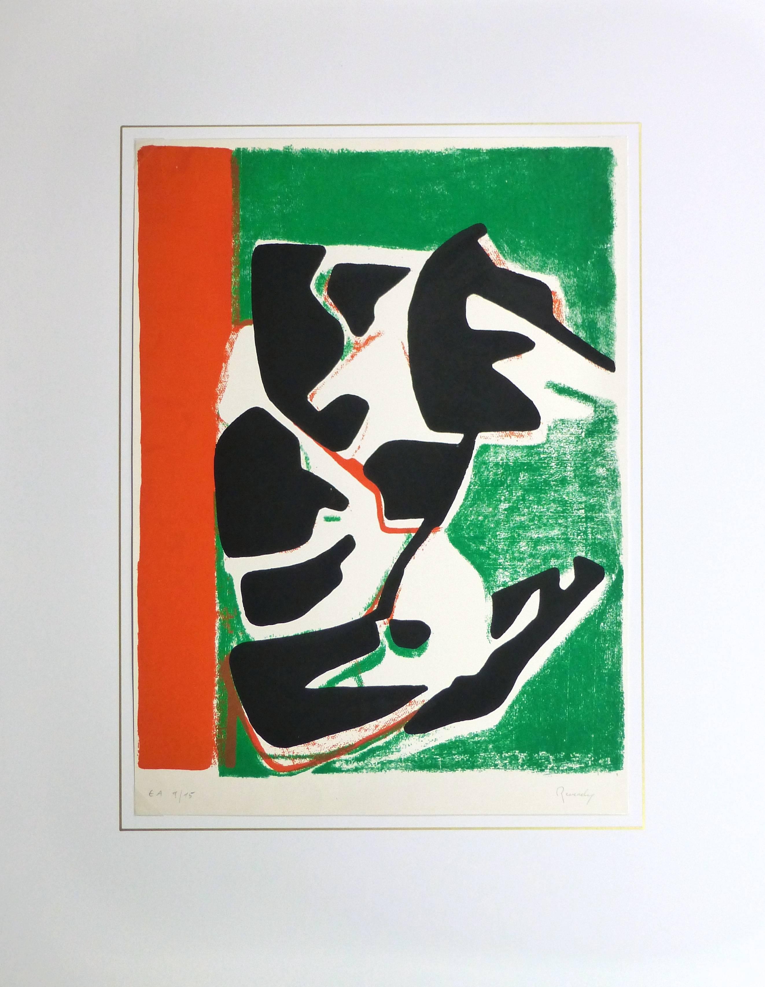 Résumé percutant  sérigraphie utilisant des couleurs vives de vert et d'orange pour accentuer un noir audacieux par l'artiste Reverdy, vers 1970. Signé en bas à droite, numéroté 9 sur 15 en bas à gauche.

Œuvre d'art originale sur papier présentée