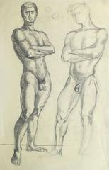 Vintage French Pencil Drawing - Male Nudes
