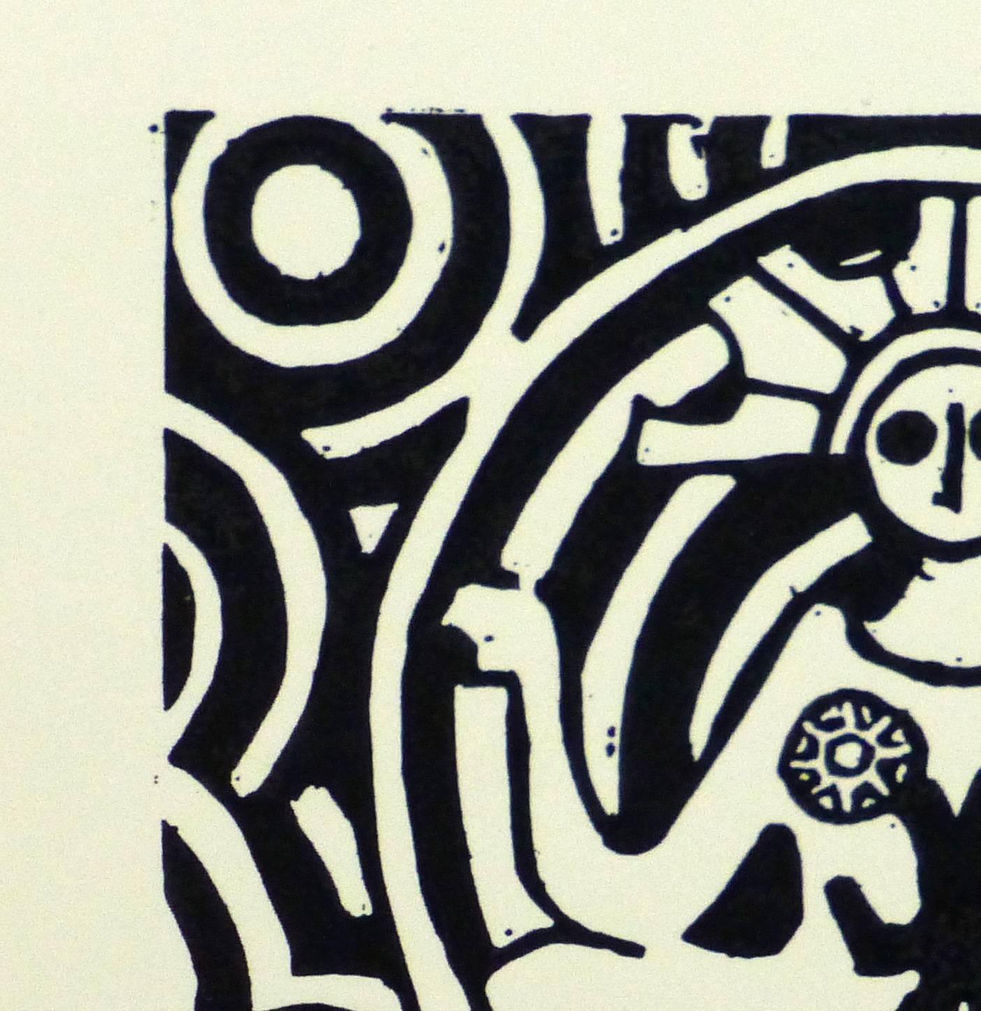 Black and White Linocut - The Deity - Beige Abstract Print by Irvin Victoria