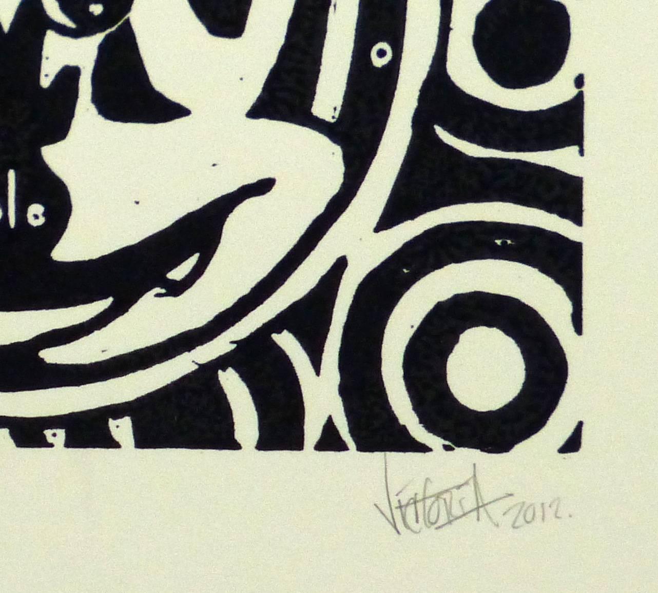 Black and White Linocut - The Deity - Print by Irvin Victoria