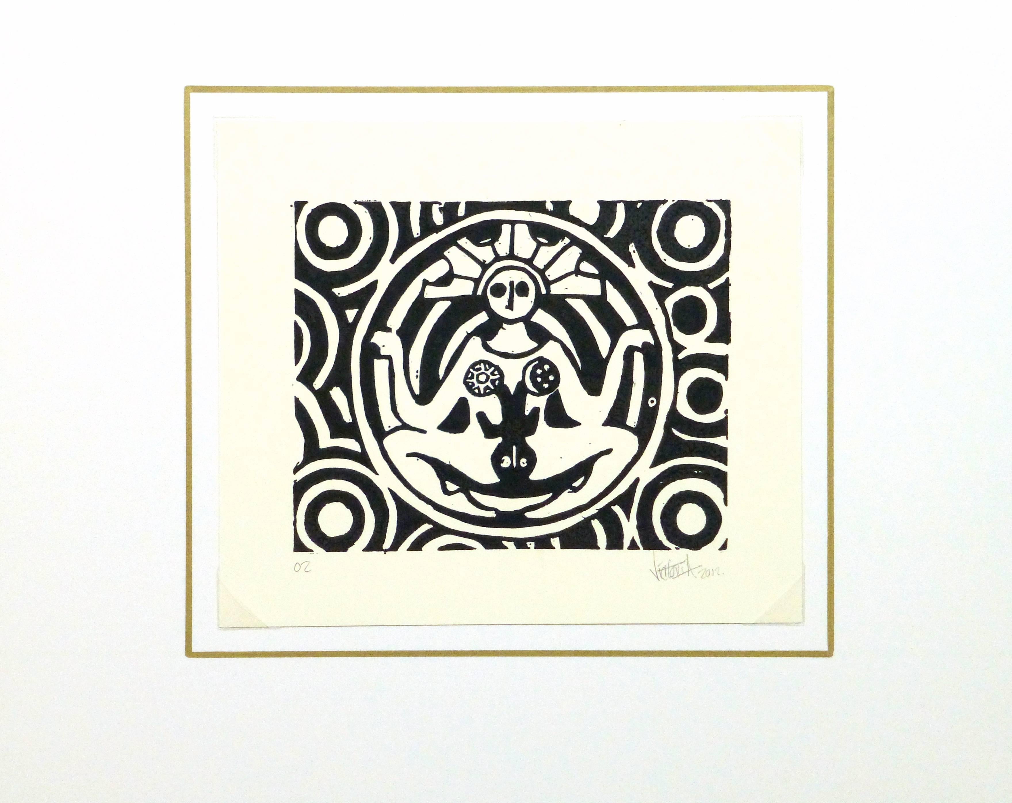 Crisp black and white linocut print of a deity type figure surrounded by circular shapes by Merida Mexico Irvin Victoria, 2012. Signed and dated lower right, numbered 2 lower left. 

Original artwork on paper displayed on a white mat with a gold