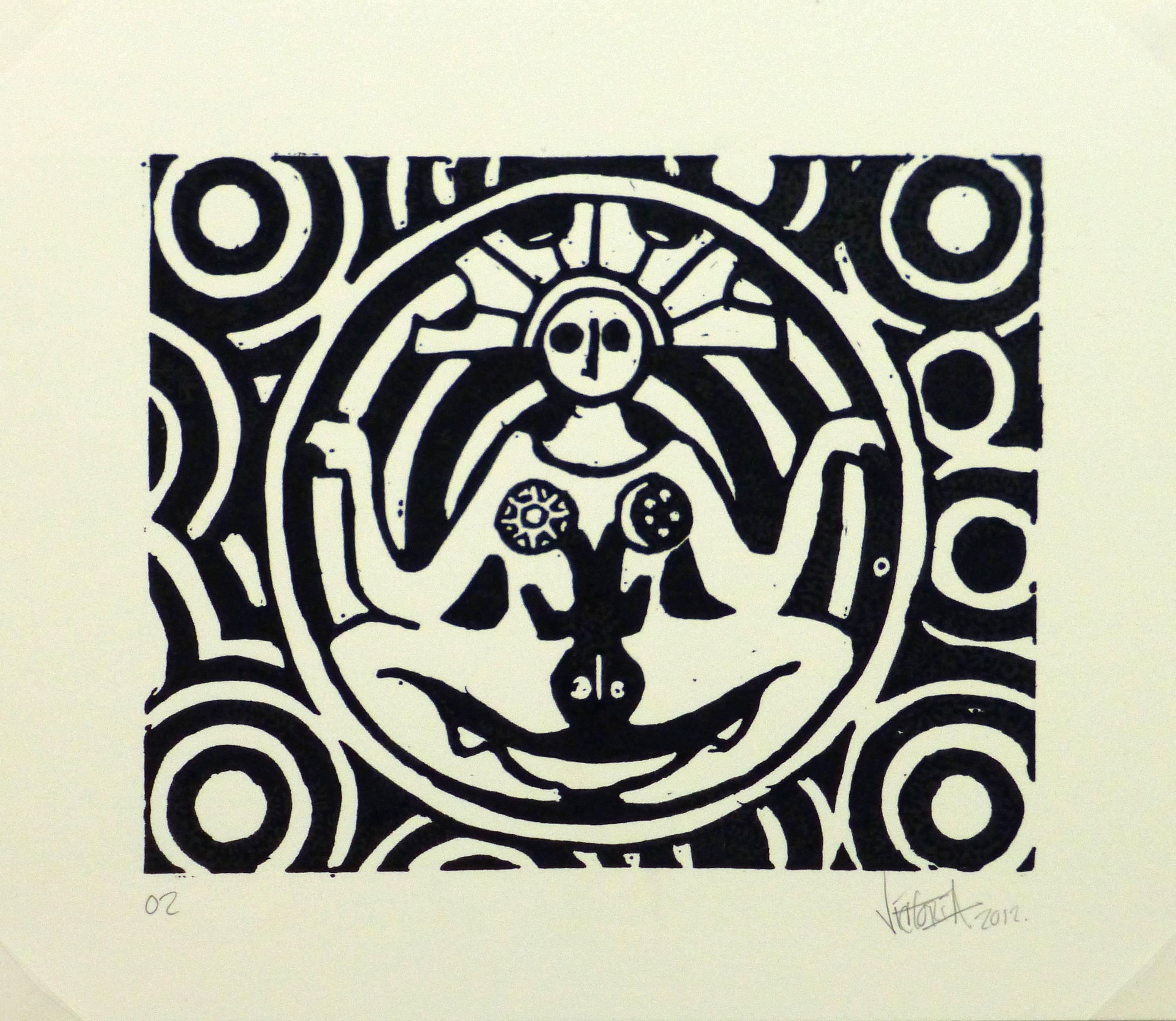 Irvin Victoria Abstract Print - Black and White Linocut - The Deity