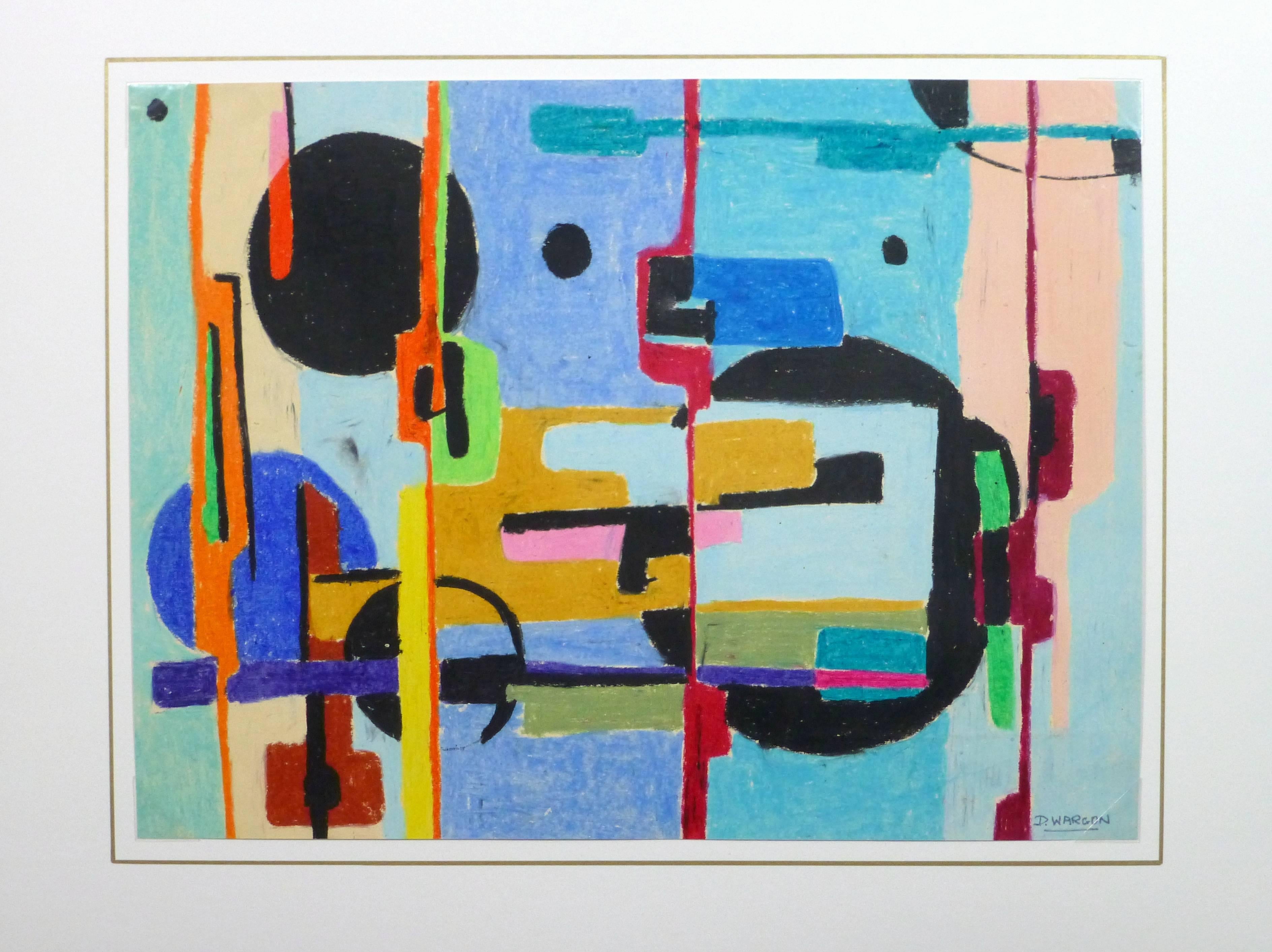Abstraktes Ölpastell aus der Mitte des Jahrhunderts mit einer Vielzahl von Farben und einzigartigen Formen des Künstlers D. Wargon, um 1950. Signiert unten rechts.

Originalkunstwerk auf Papier auf einem weißen Passepartout mit Goldrand. Die Matte