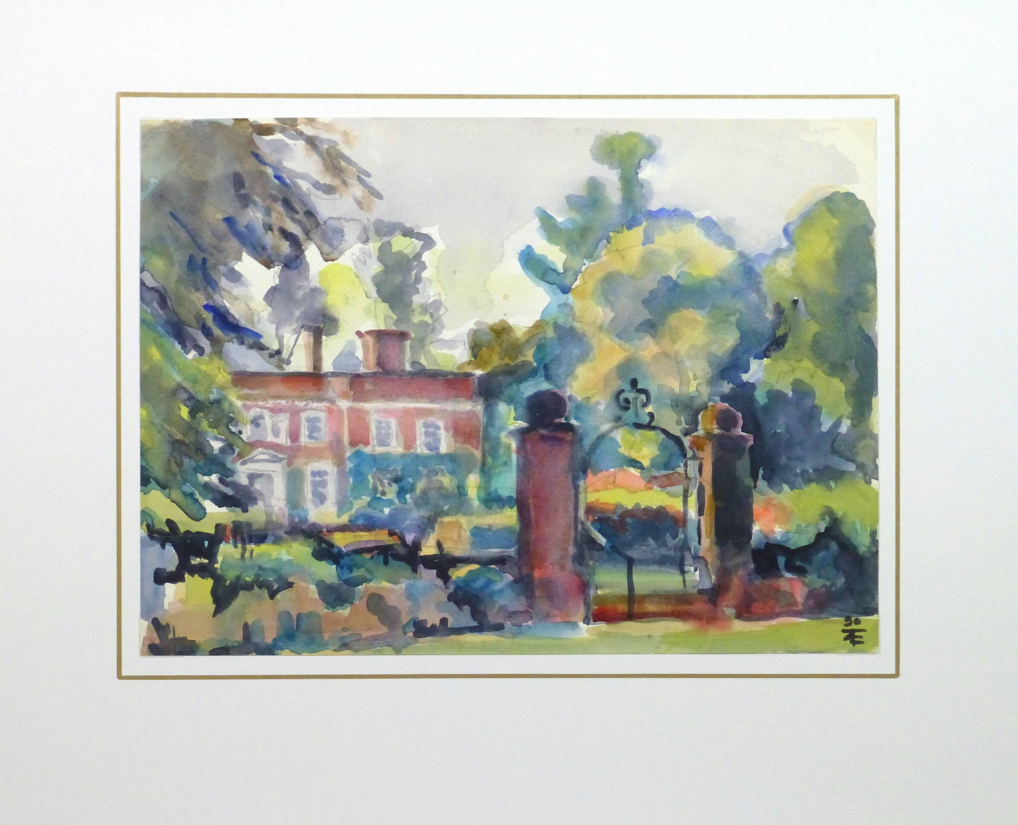 Beautiful and serene watercolor landscape of a iron and brick gate leading to a grand country estate by English artist Tae, 1990. Signed lower right.

Original artwork on paper displayed on a white mat with a gold border. Mat fits a standard-size