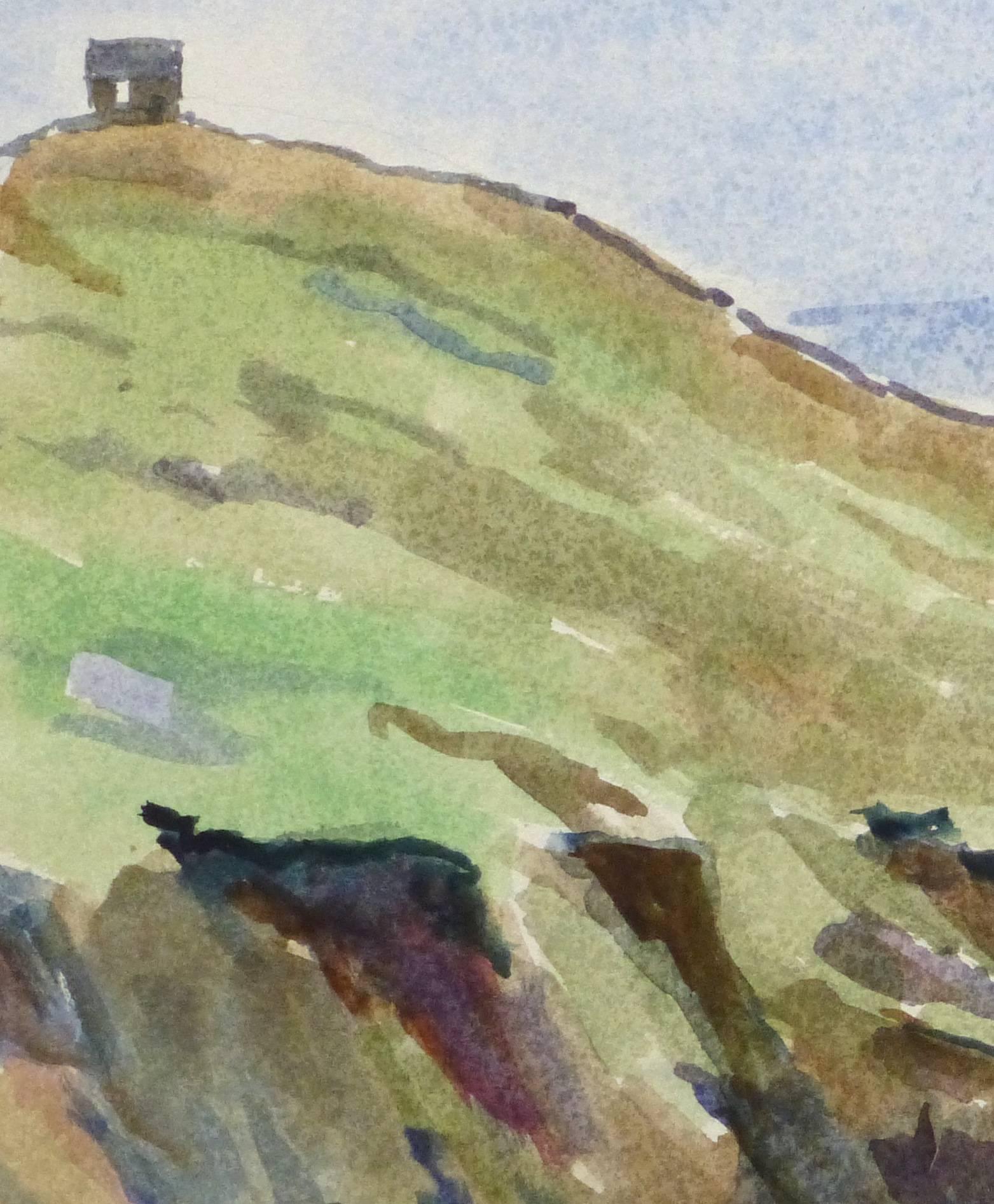 Aquarelle - Paysage marin vintage - côte anglaise - Gris Landscape Art par Unknown