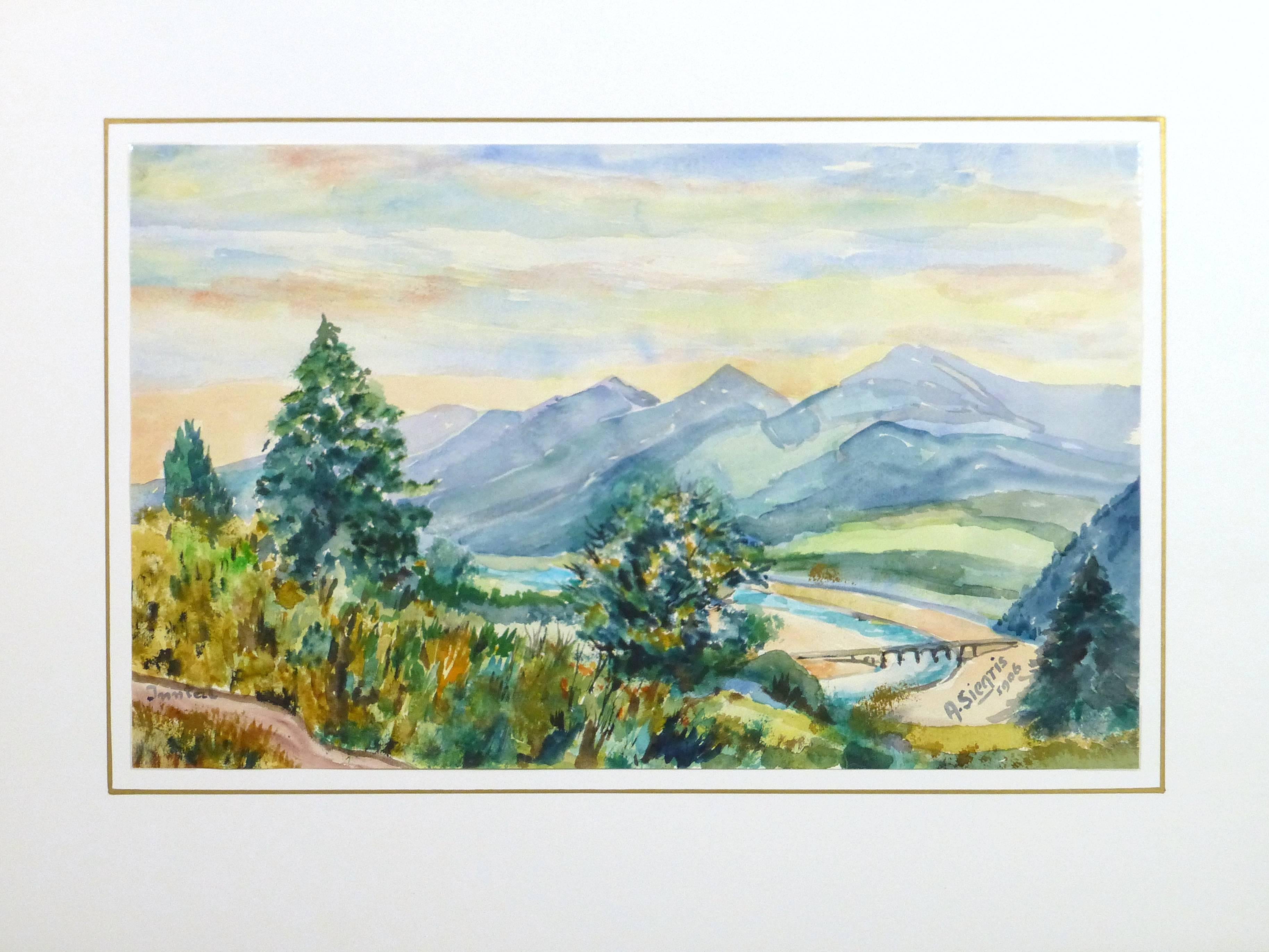 Vintage Watercolor Landscape - Inntal - Gray Landscape Art by Alfred Siegris
