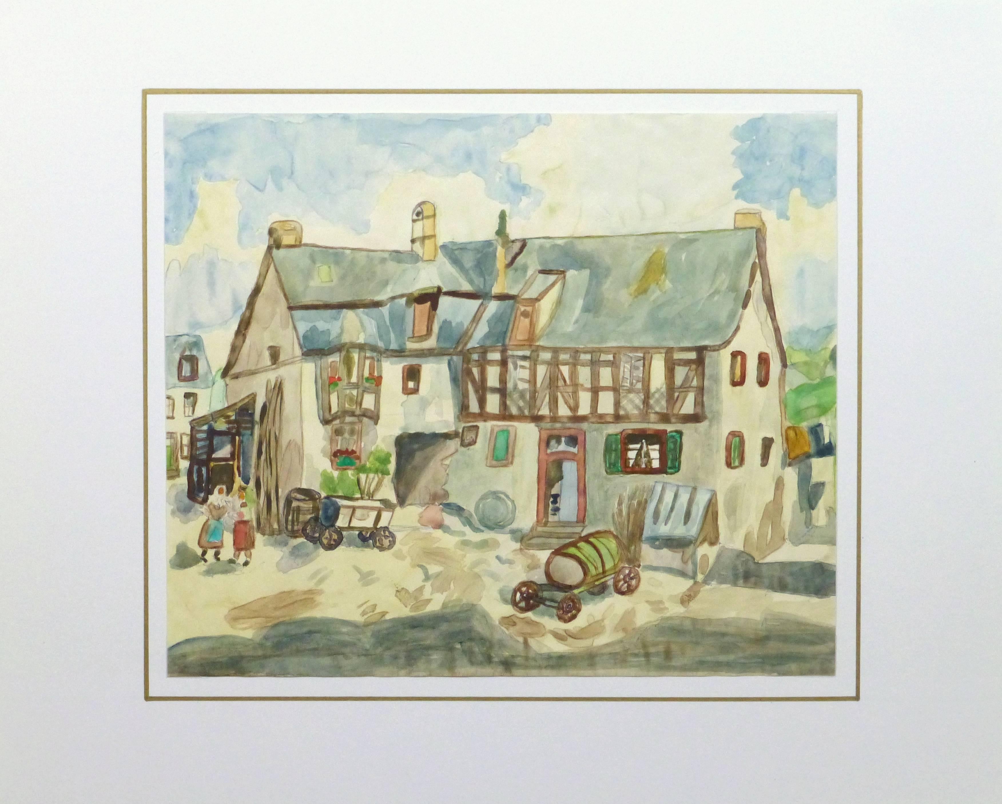 Charming and quaint watercolor of a sweet tudor style farmhouse by artist Schmidt-Brunnenreuth, circa 1930.

Original artwork on paper displayed on a white mat with a gold border. Mat fits a standard-size frame. Archival plastic sleeve and