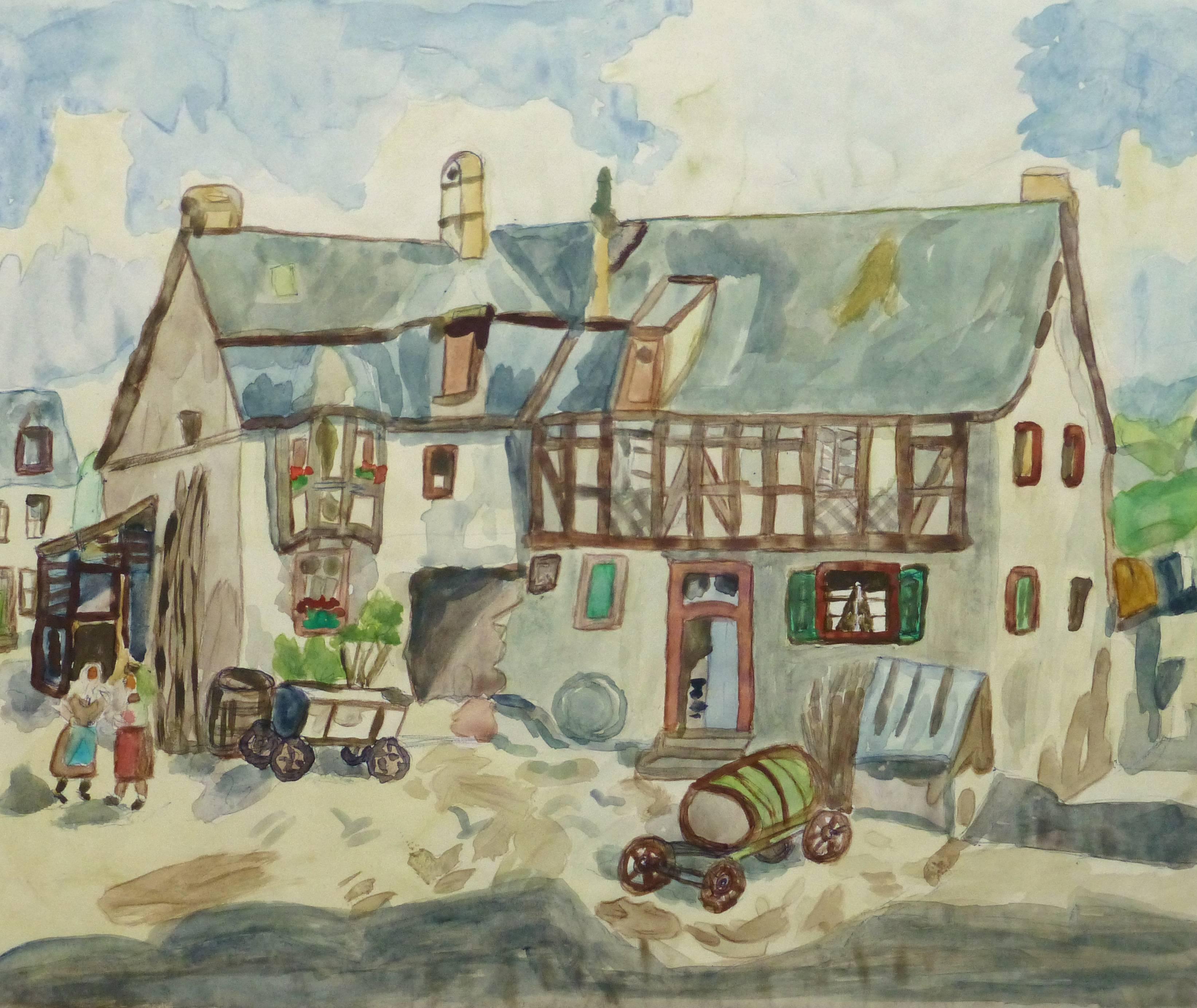 Unknown Landscape Art - Vintage Watercolor - Storybook Farmhouse