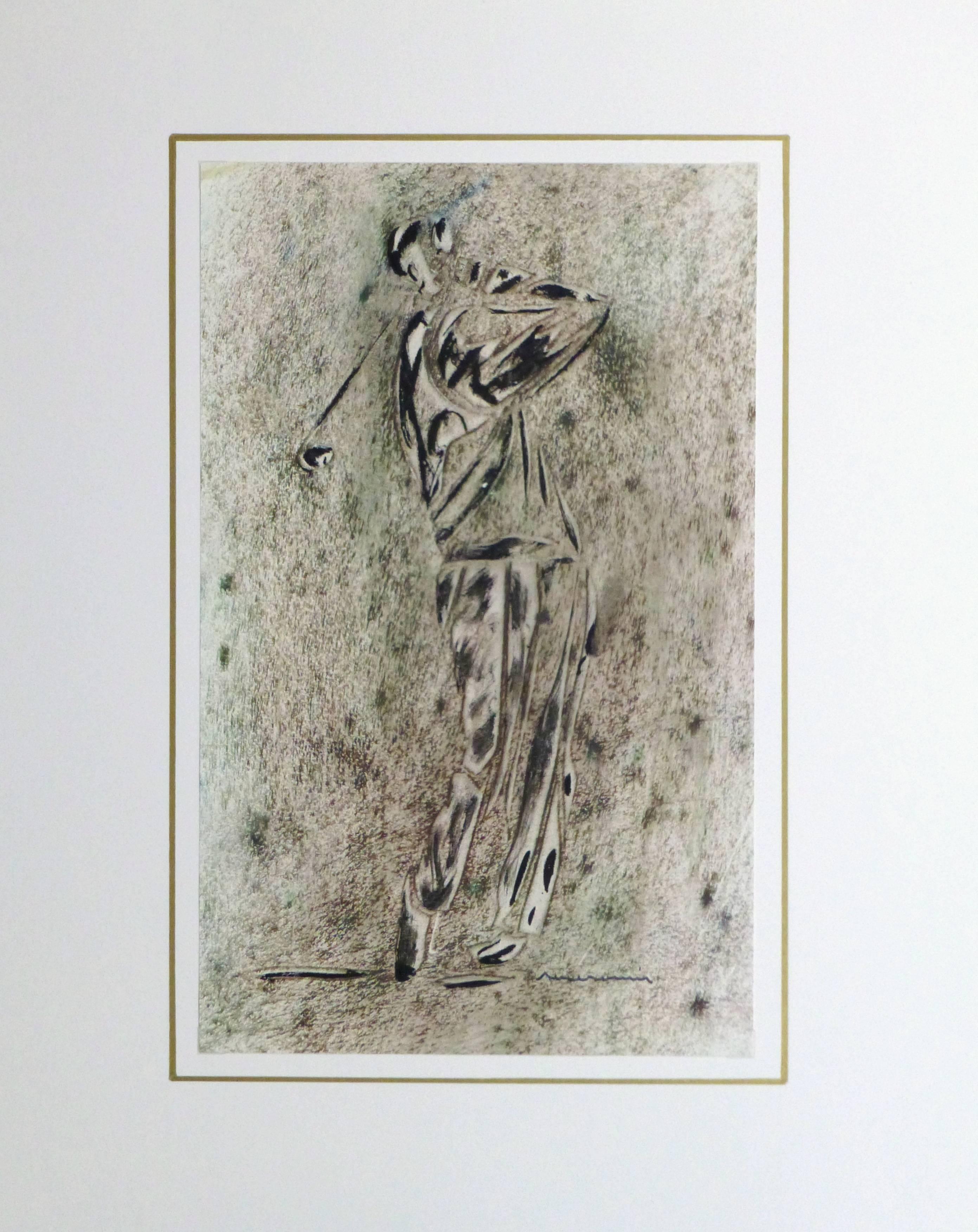 Masculine ink monotype of a male golfer in mid swing, using hues of brown and accented with green, circa 1970. Signed lower right.

Original artwork on paper displayed on a white mat with a gold border. Mat fits a standard-size frame. Archival