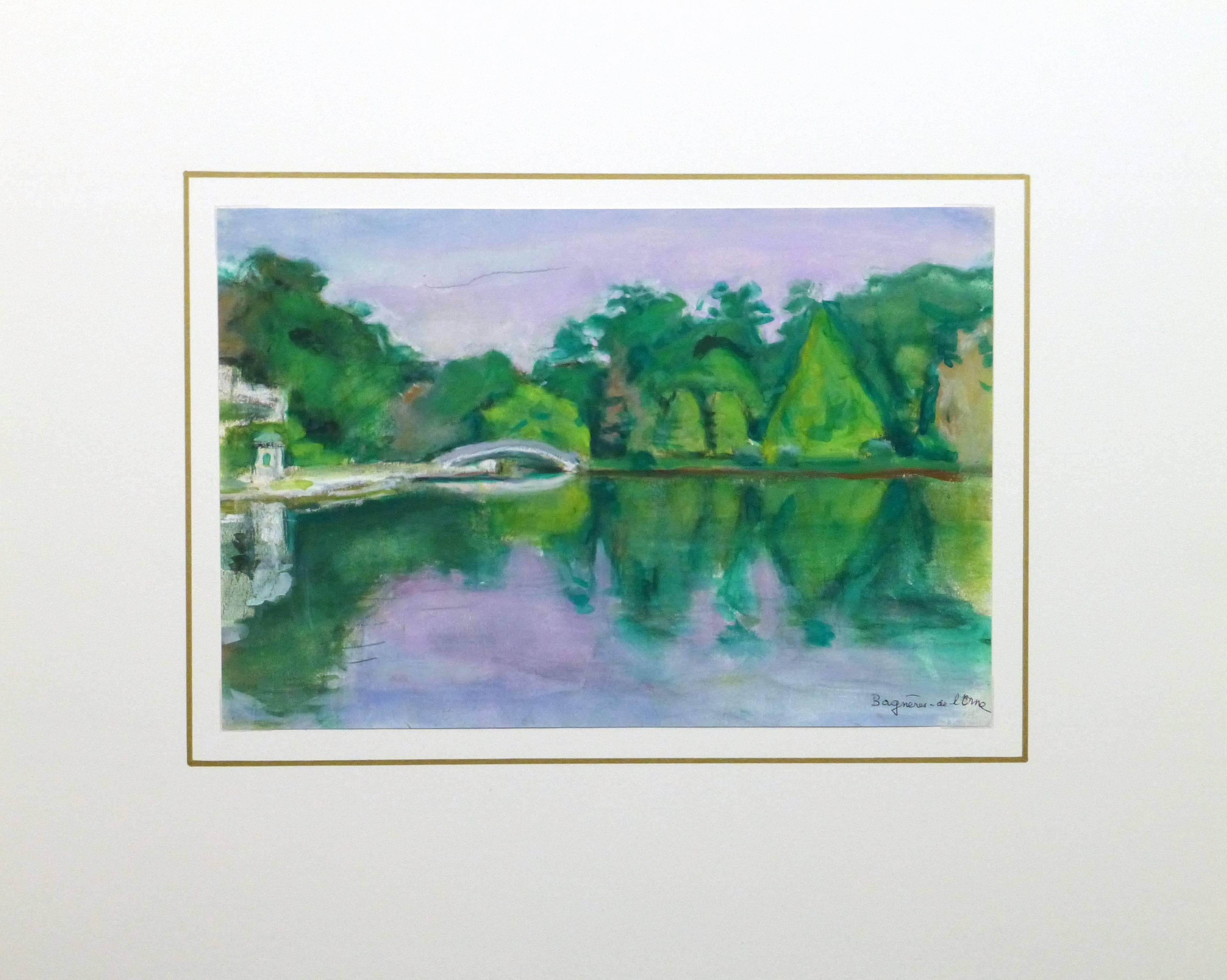 This richly-hued acrylic landscape painting depicts lush, emerald green trees surrounding the River Orne in Normandy, France, by French artist Madeleine Scali (1911-2000), c. 1970. Using tones of green, blue, and lavender, Scali beautifully captures