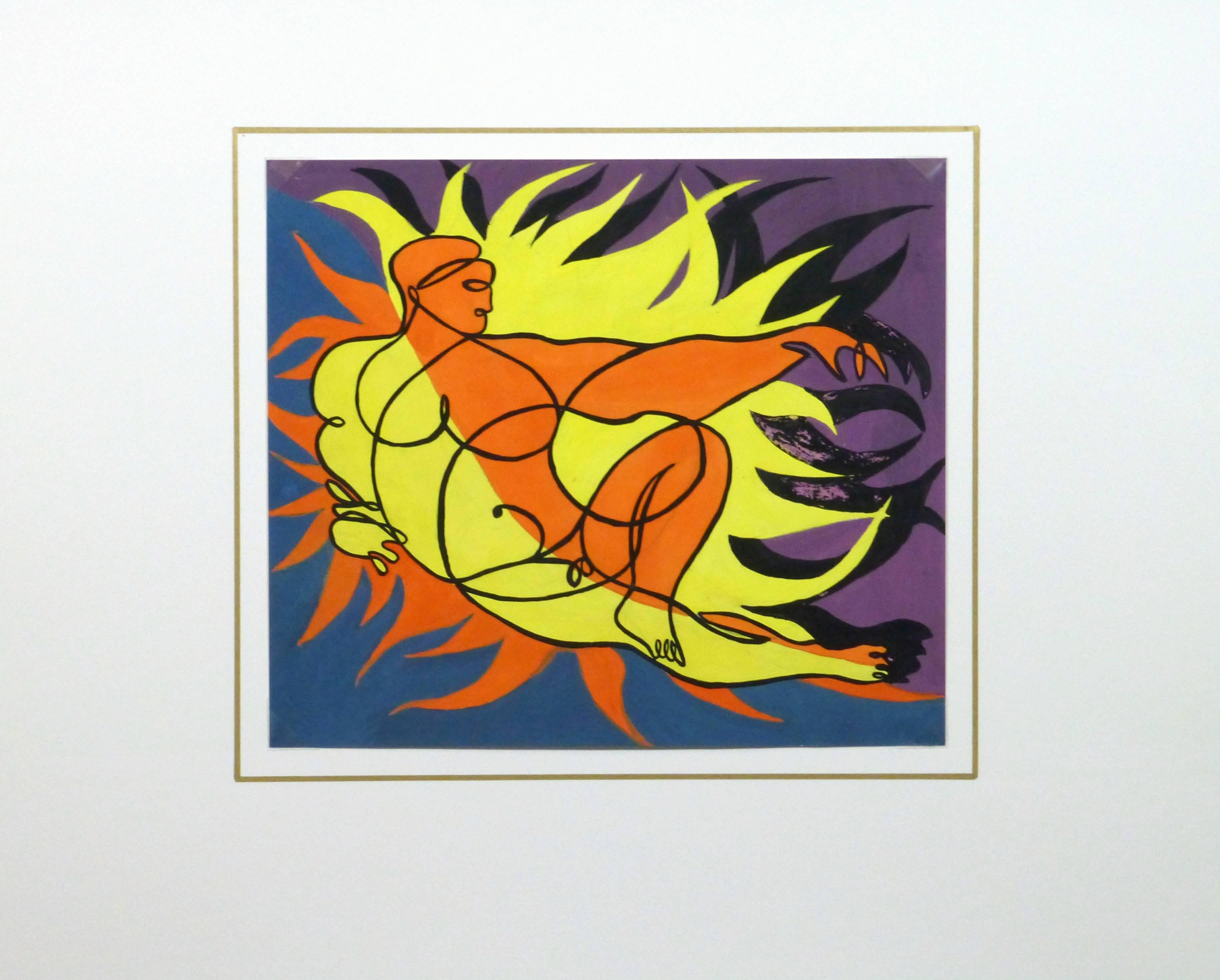 Saisissante peinture acrylique abstraite d'une figure masculine nue dans une pose allongée et entourée de flammes vives par Beugnet, vers 1950. 

Œuvre d'art originale sur papier présentée sur un tapis blanc avec une bordure dorée. Le tapis