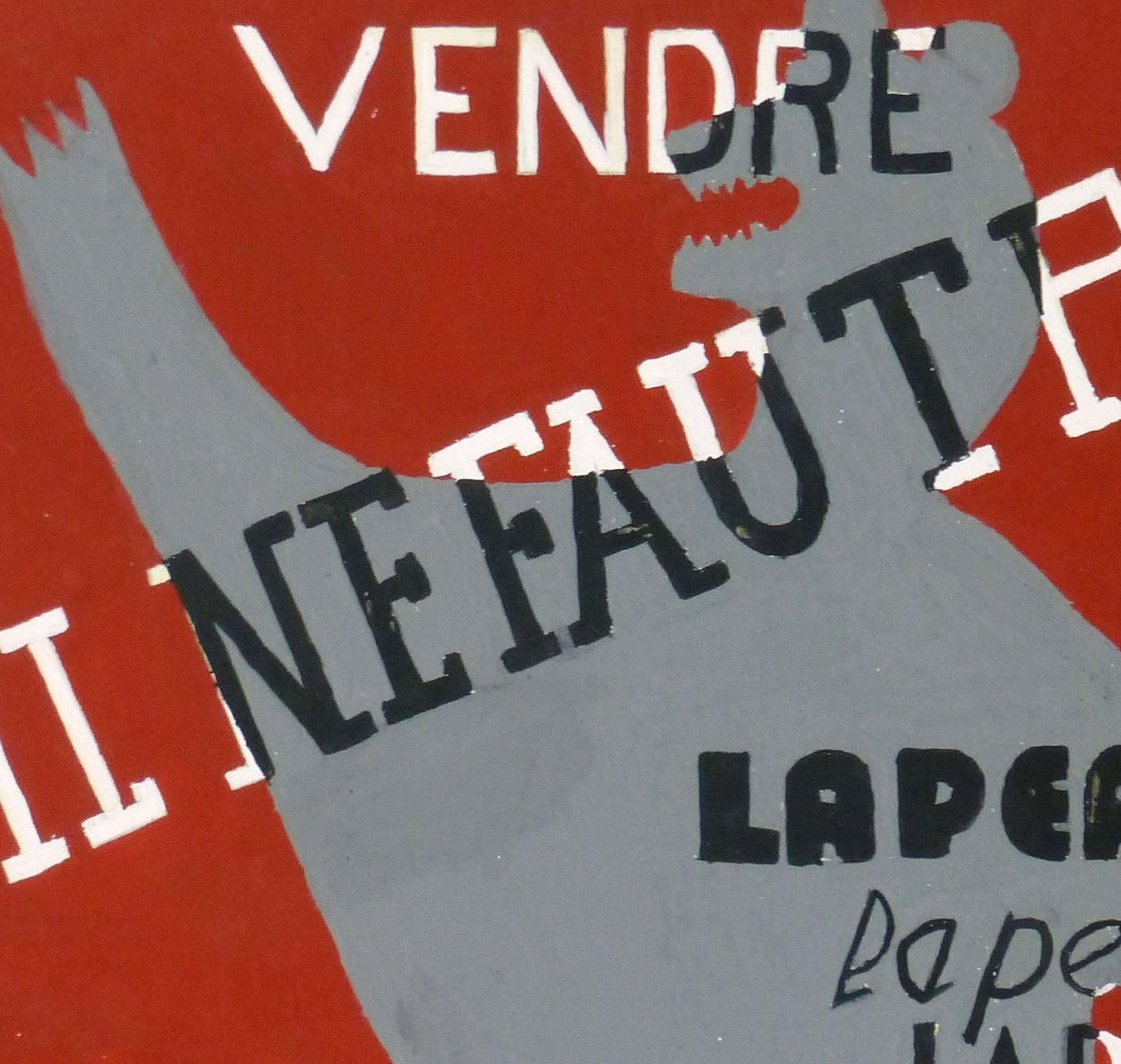 Whimsical and bright acrylic painting of a silhouette of a bear coupled with French phrases against a deep red background by Beugnet, circa 1950. French saying "Il ne faut pas vendre la peau de l'ours avant de l'avoir tué." You should not
