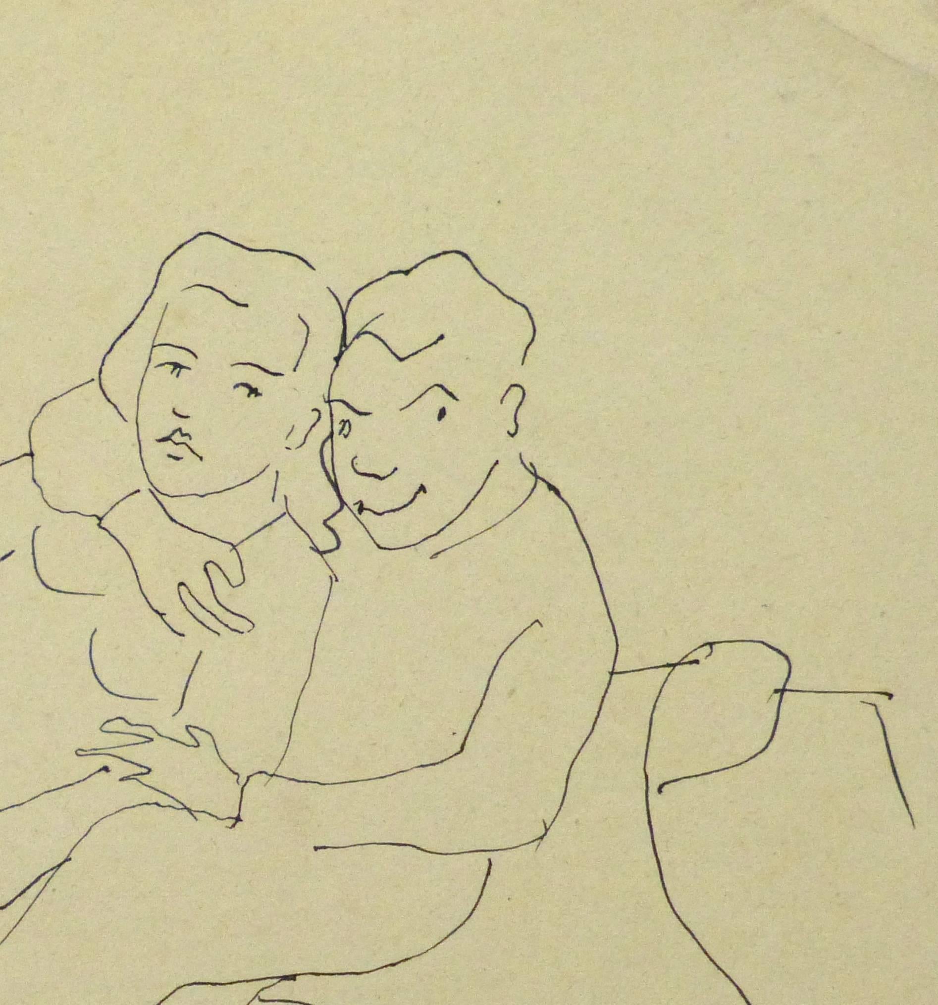 Vintage Pen & Ink Sketch - Close Couple - Art by Jean-Charles Lauthe