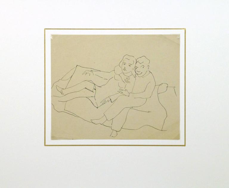 Vintage pen & ink line drawing of a couple posing for the artist on a sofa by French artist and film director Jean-Charles Lauthe, circa 1930. 

Original artwork on paper displayed on a white mat with a gold border. Mat fits a standard-size