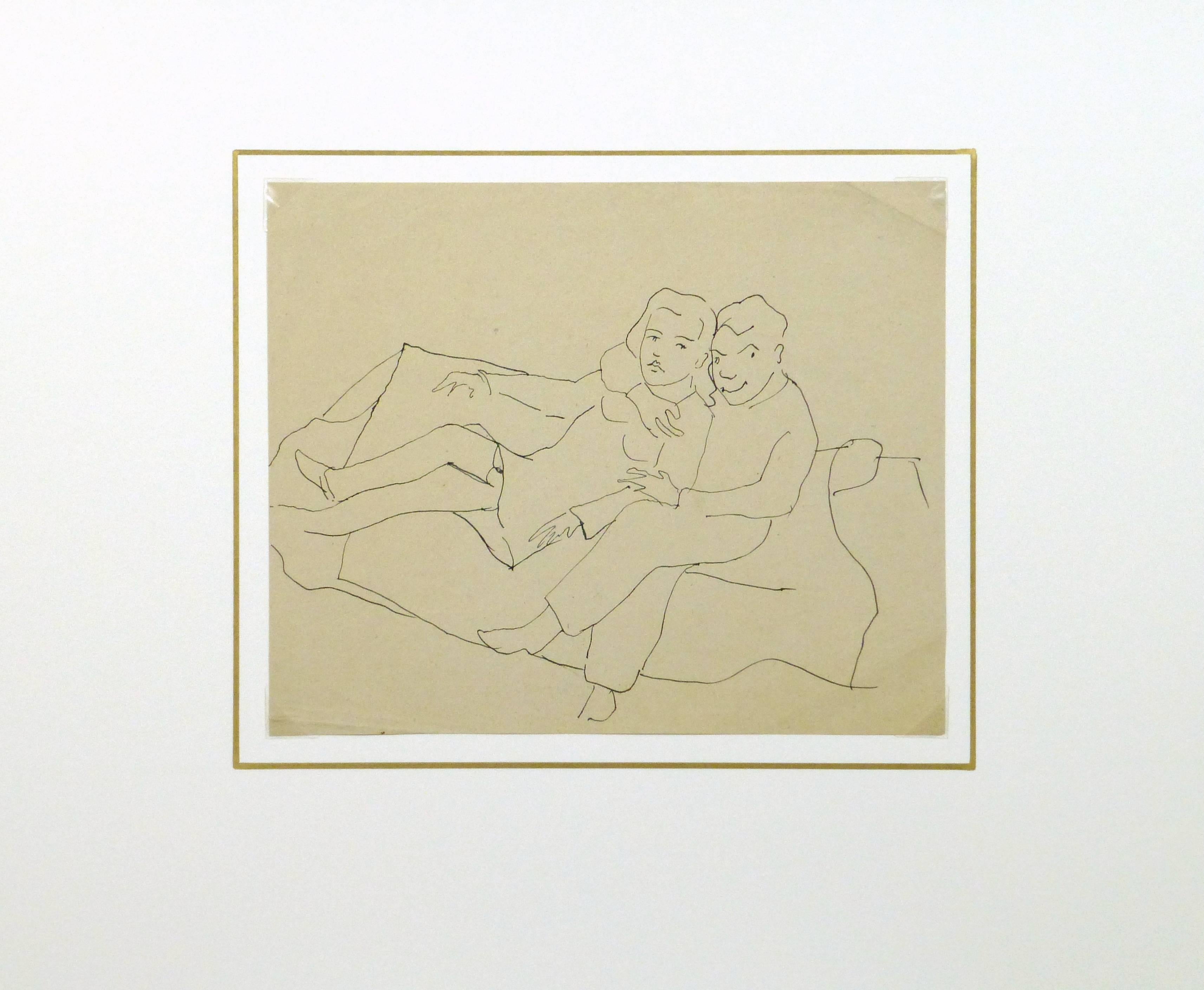 Vintage Pen & Ink Sketch - Close Couple - Beige Figurative Art by Jean-Charles Lauthe