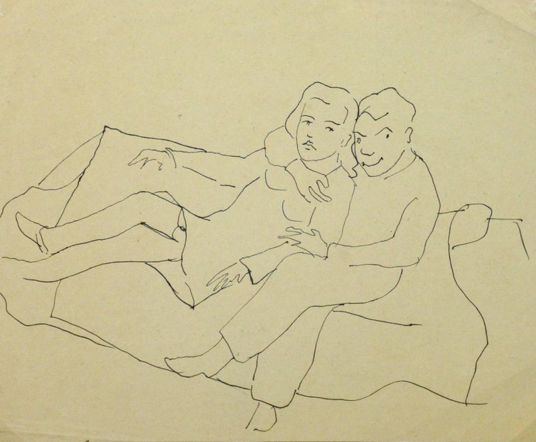 Jean-Charles Lauthe Figurative Art - Vintage Pen & Ink Sketch - Close Couple