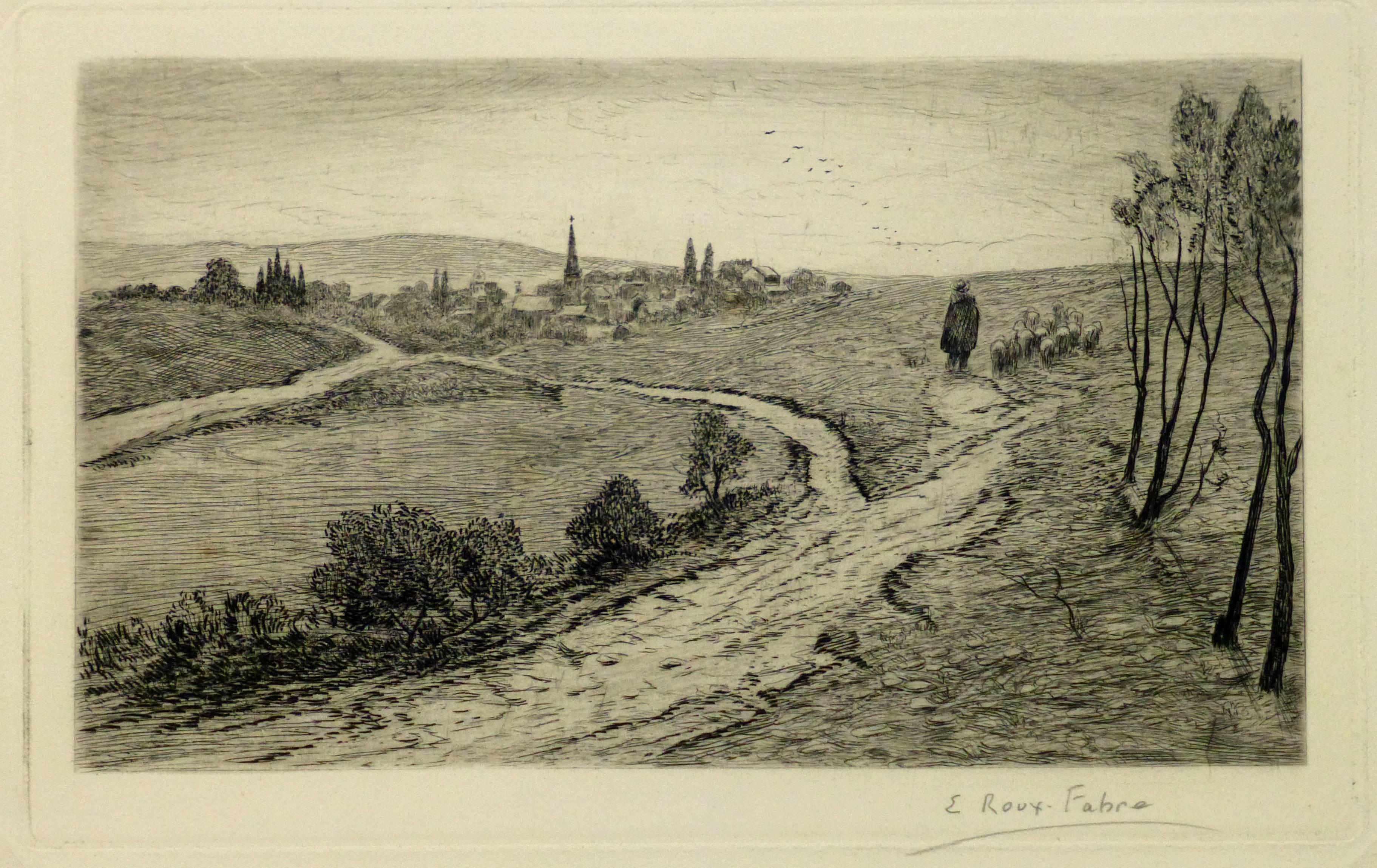 Landscape Print de Emile Roux Fabre - Paisaje antiguo - El rebaño