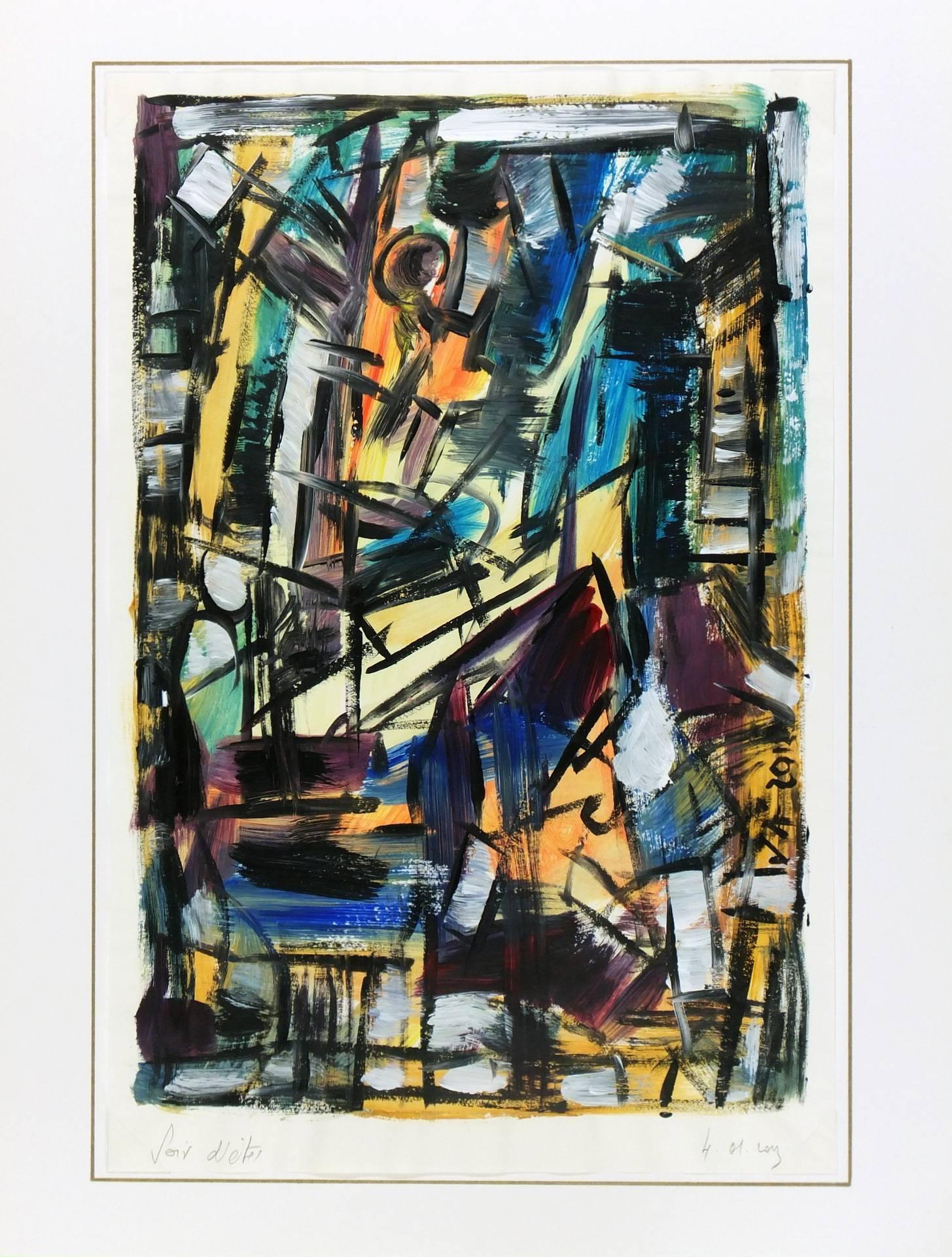 Delightful acrylic abstract fusing light and airy colors with bold black lines by Jacques Alary, 2012. Signed and dated in painting and titled lower left. 

Original artwork on paper displayed on a white mat with a gold border. Mat fits a