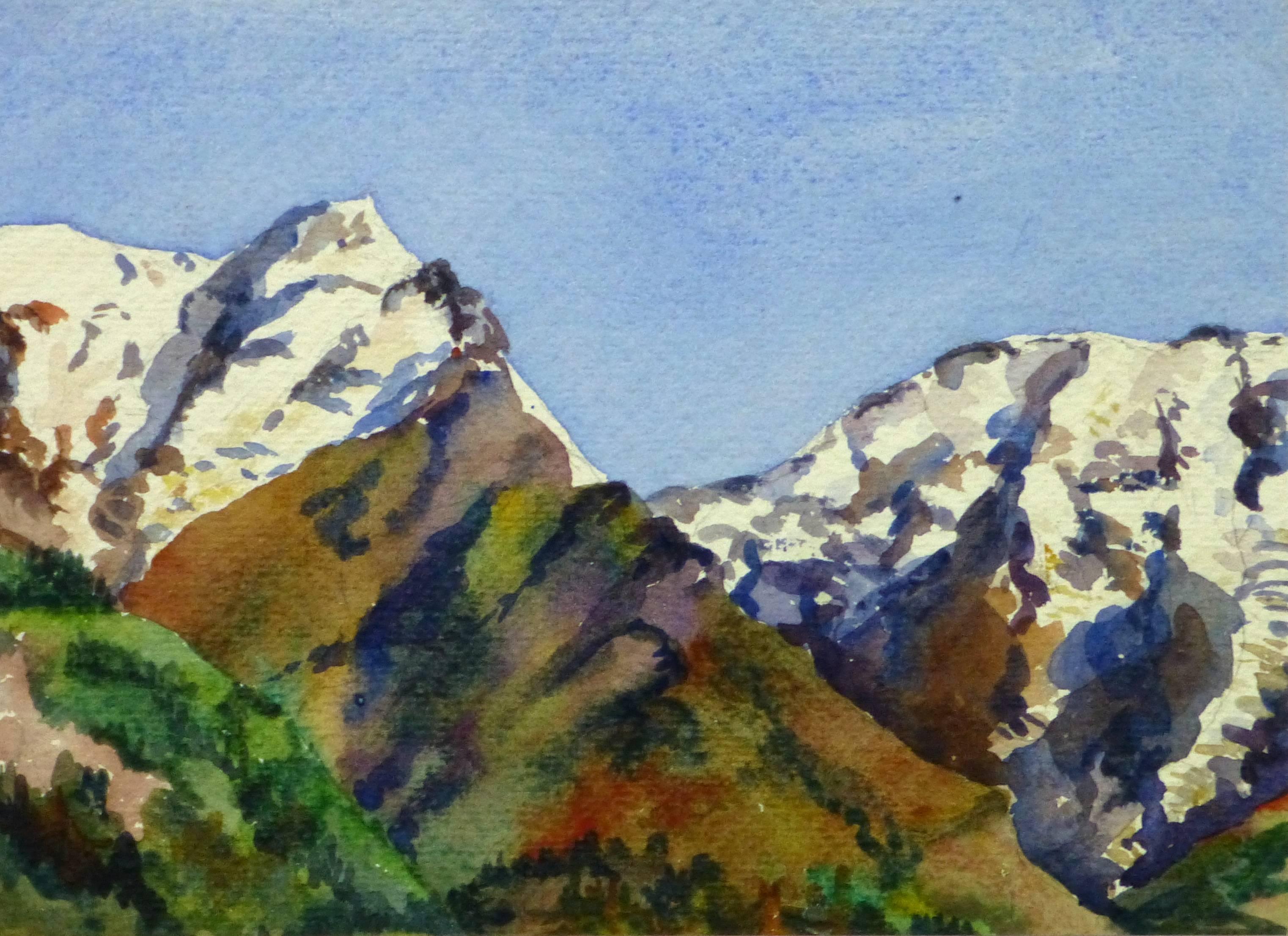 Unknown Landscape Art - Vintage French Watercolor - Where the Mountains Meet