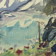 Vintage French Watercolor Landscape - Wintry Mountain Range Overlooking Meadow