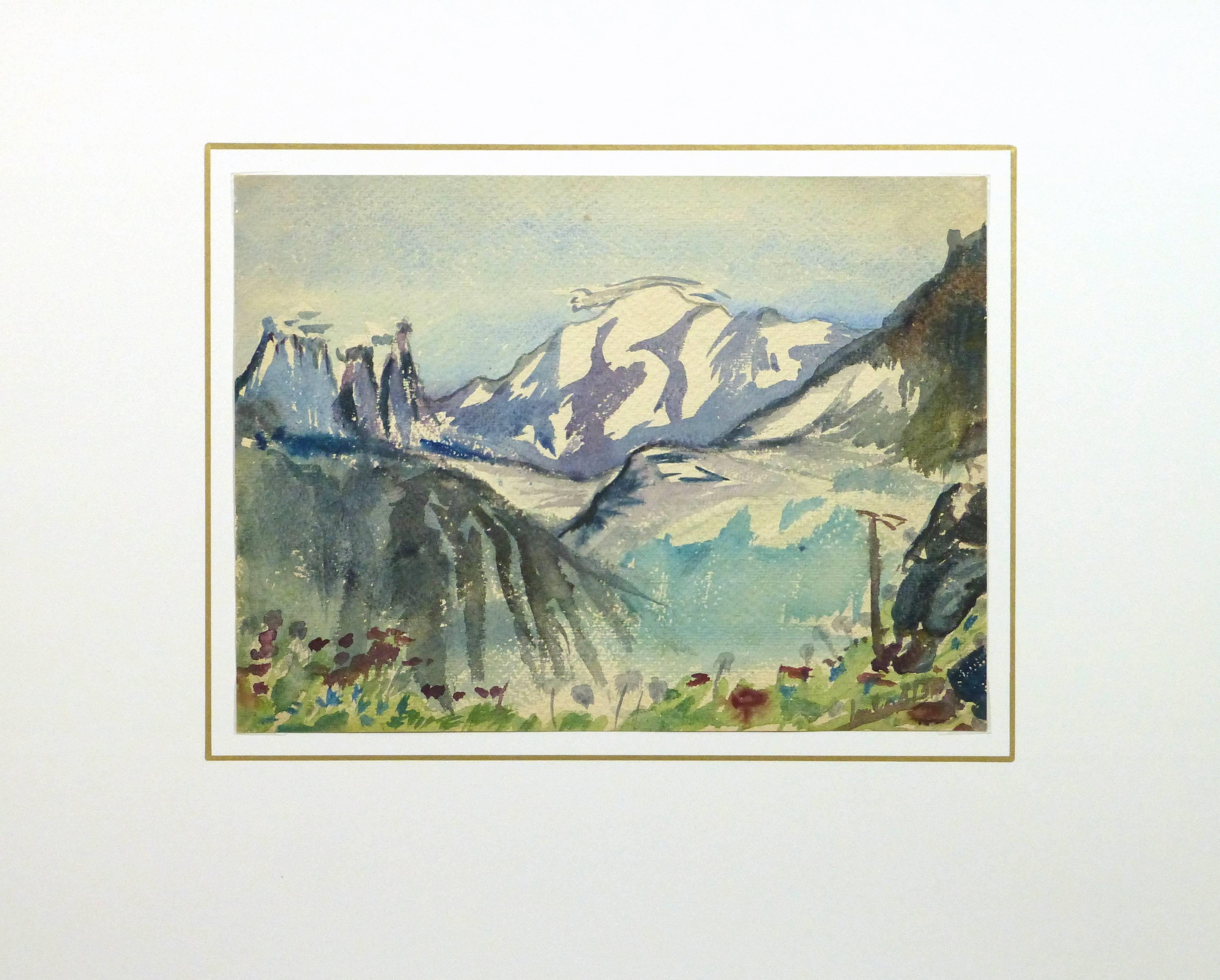 Lovely shades of blue, green, and gray characterize this vintage French watercolor of a meadow bordering a vast, snow-capped mountain range, circa 1950.

Original artwork on paper displayed on a white mat with a gold border. Mat fits a standard-size