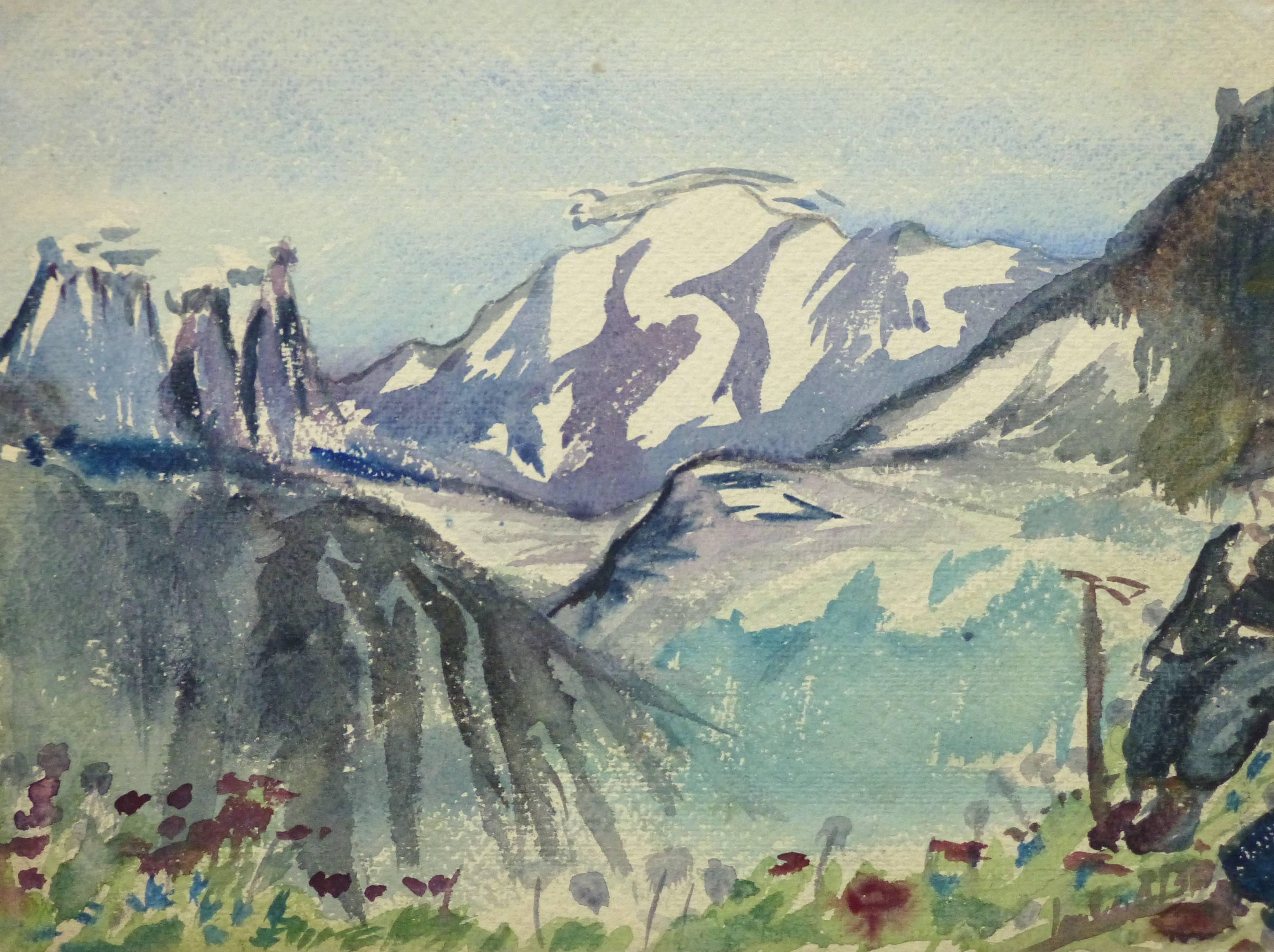 Unknown Landscape Art - Vintage French Watercolor Landscape - Wintry Mountain Range Overlooking Meadow