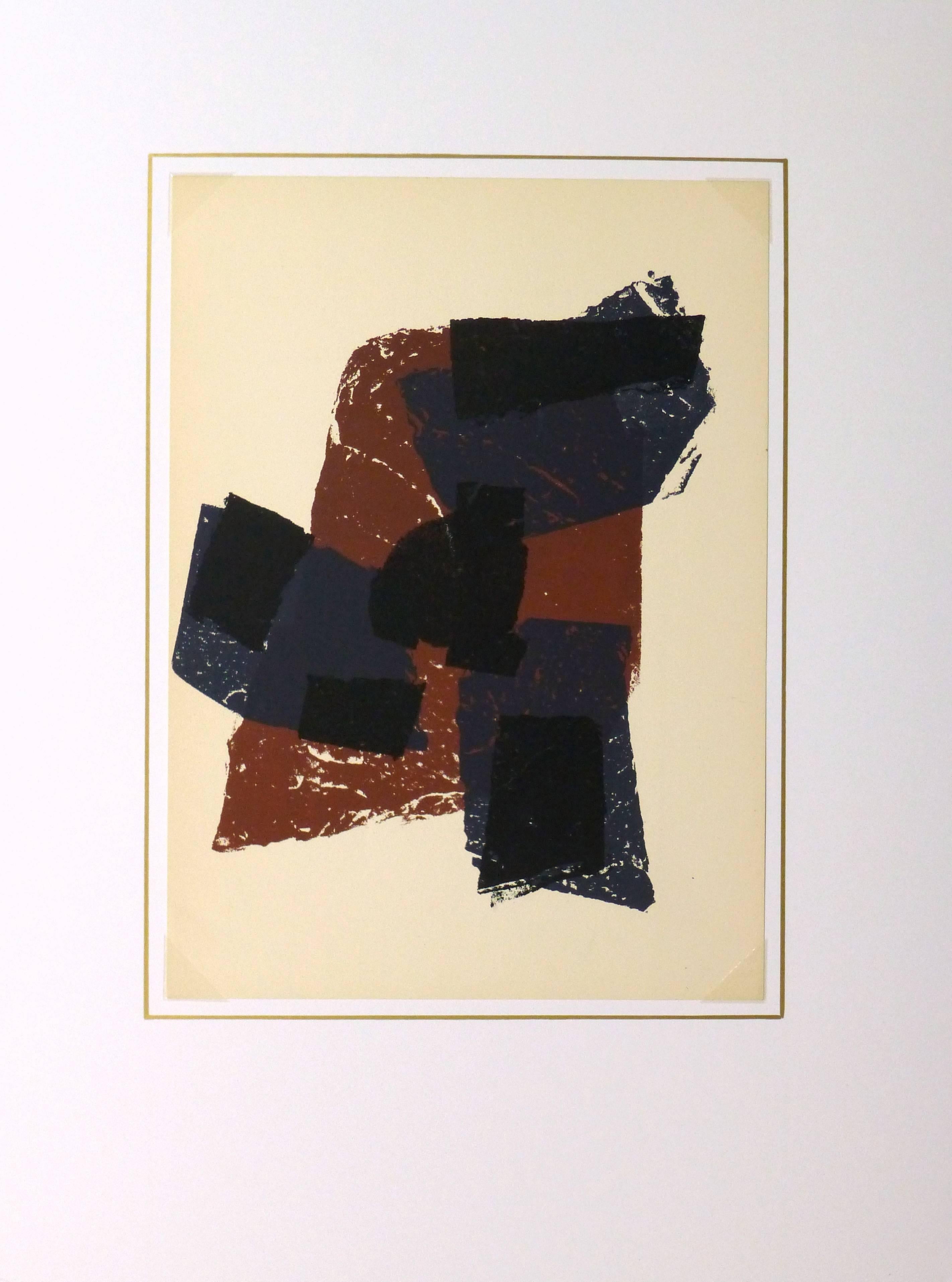 Impactful abstract stone lithograph of a mixture of textured shapes in hues of brick red, navy blue and black by French artist Raoul Ubac (1910-1985), 1966.

Original artwork on paper displayed on a white mat with a gold border. Mat fits a