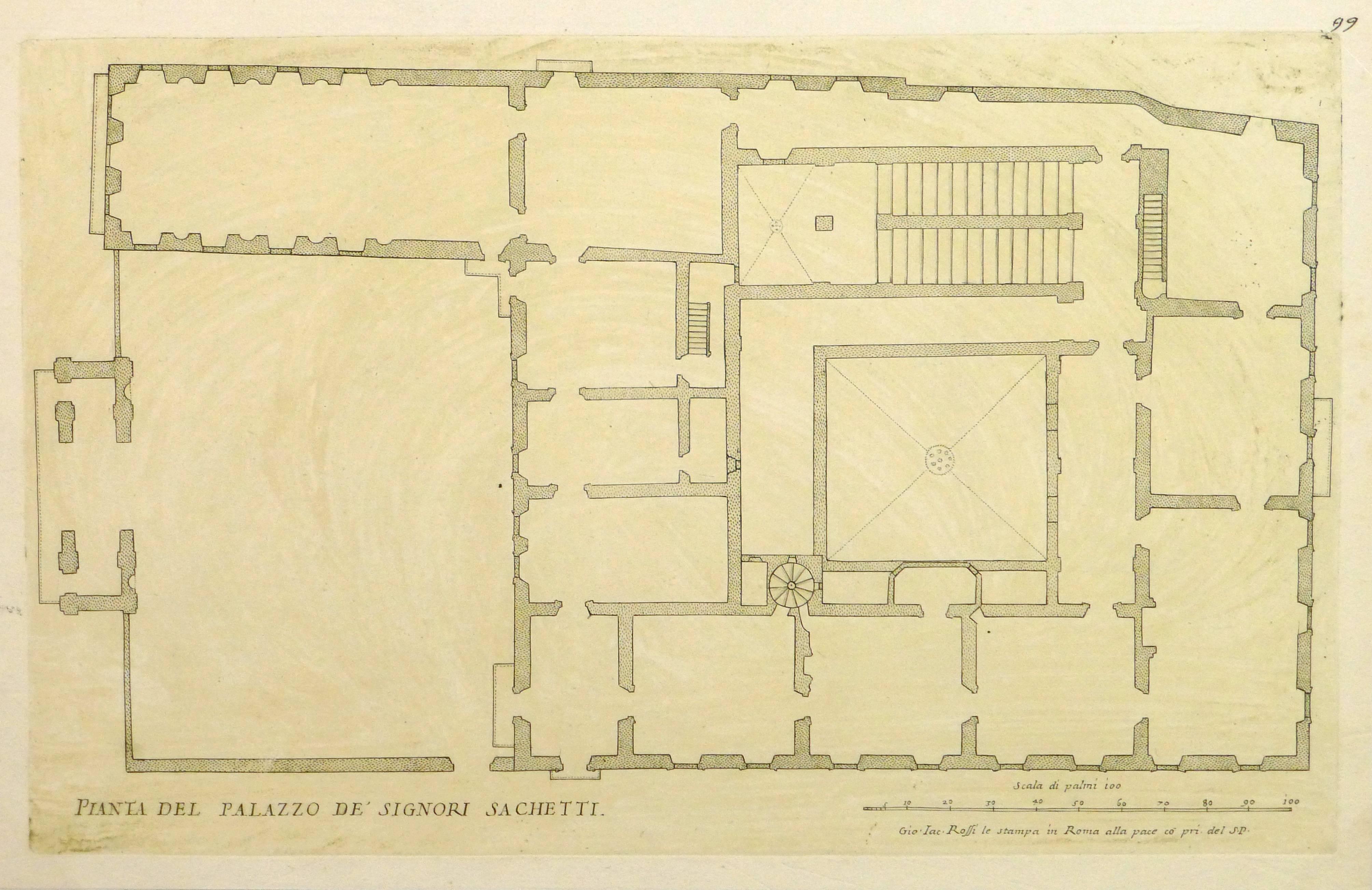 Giovanni Giacomo de' Rossi Interior Print - Antique Copper Engraving - Sacchetti Palace