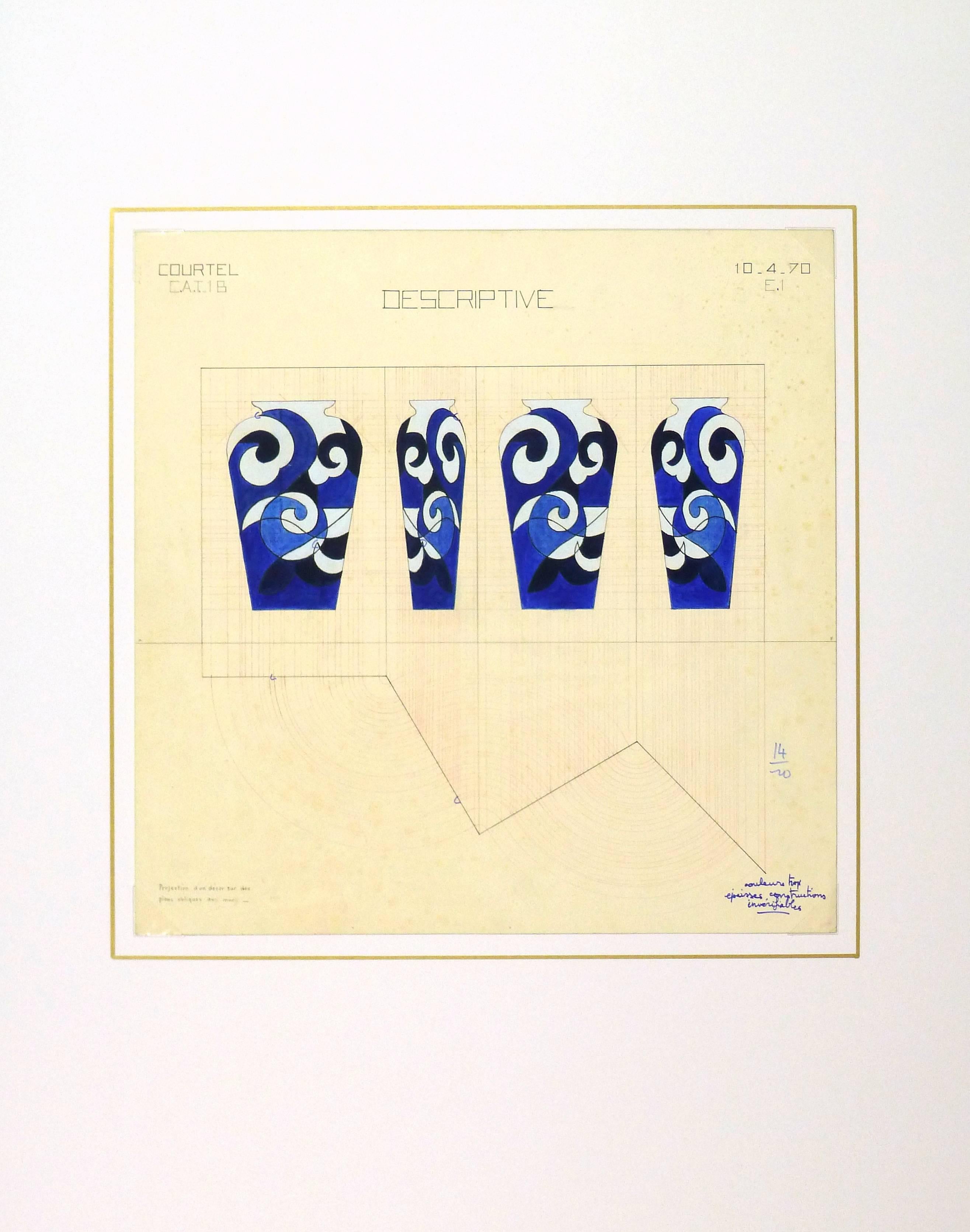 Unique drawing illustrating the details for a decorative blue vase from the School of Decorative Arts of Paris, 1970. 

Original artwork on paper displayed on a white mat with a gold border. Mat fits a standard-size frame. Archival plastic sleeve